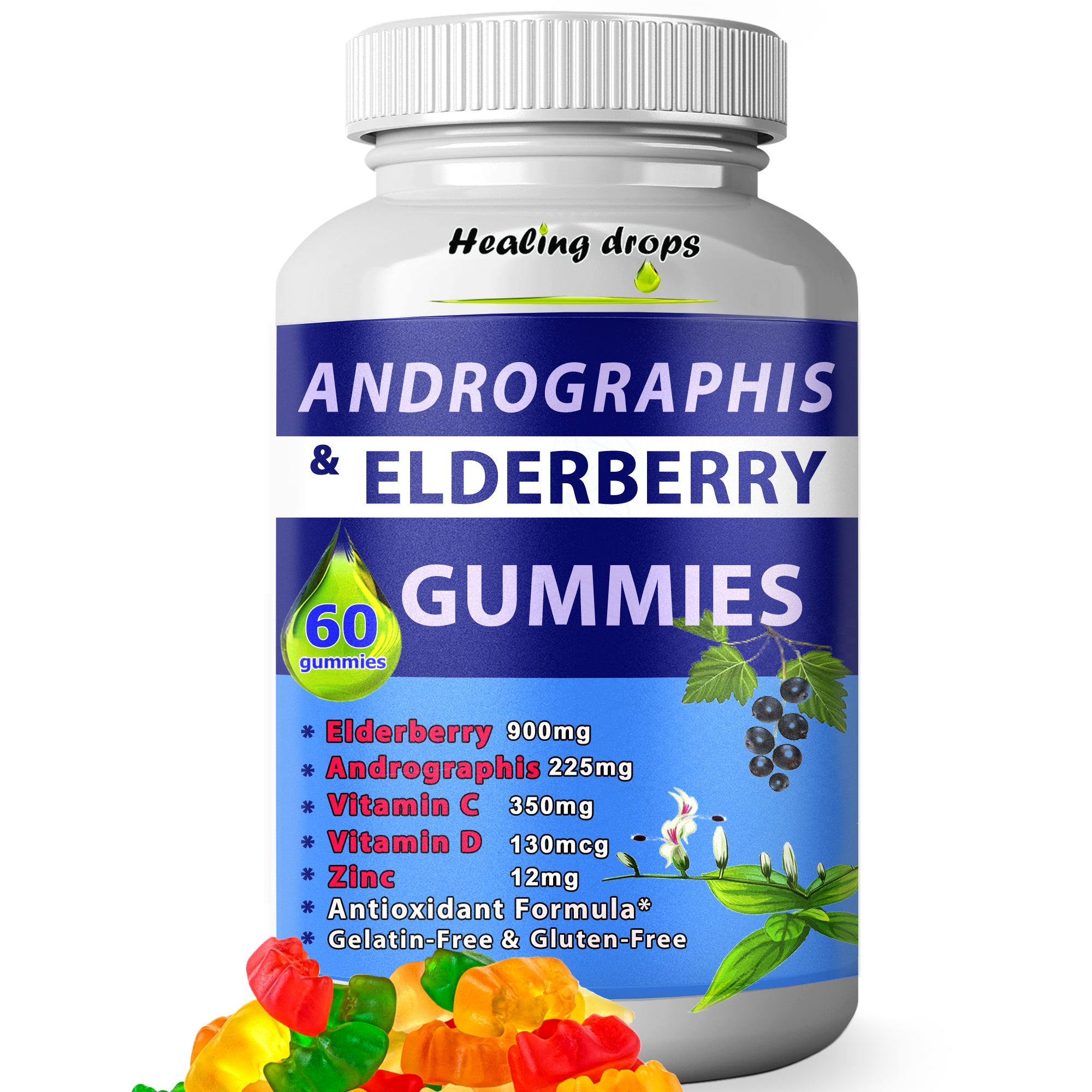 Andrographis Paniculata Gummies Elderberry Gummies with Elderflowers Zinc Vitamin C D - Sambucus Elderberry Gummies for Adults and Kids - Black Elderberry Andrographis Gummies by Healing Drops