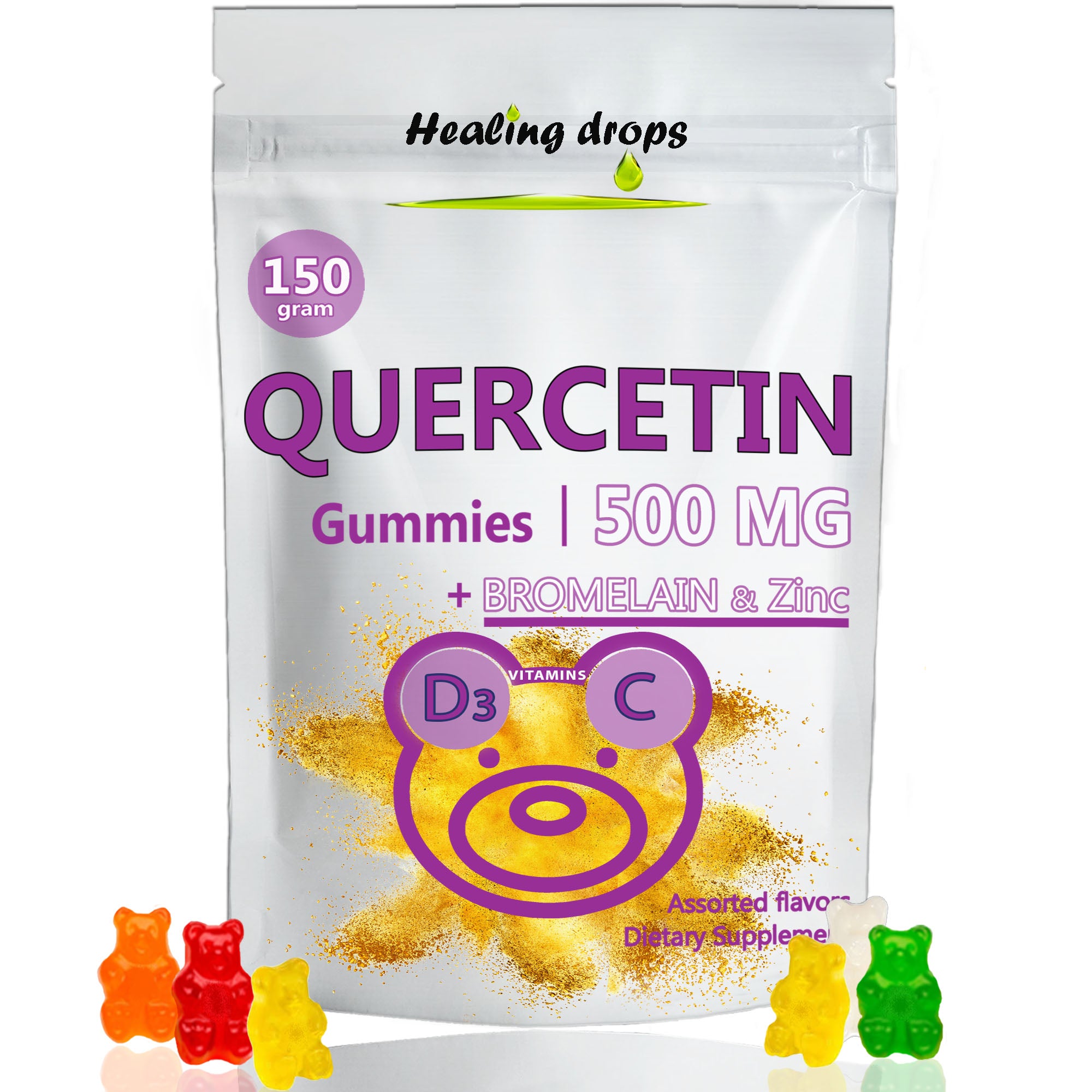 HEALING DROPS Quercetin with Bromelain Gummies - Vitamin C + Zinc + Vitamin D3 - Quercetin 500mg Gummies for Kids and Adults