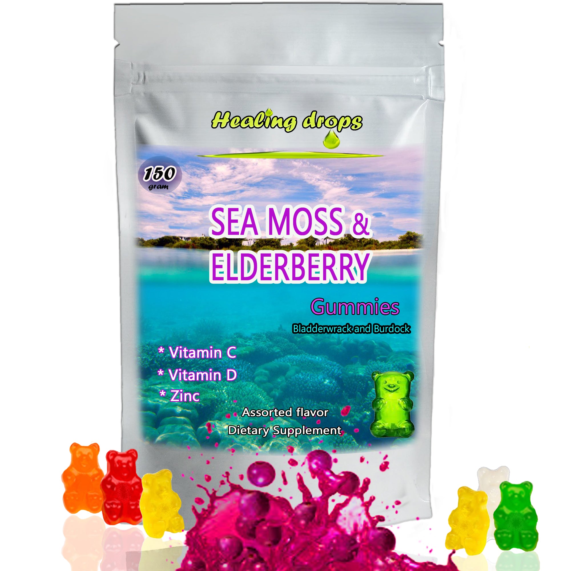 Irish Sea Moss Elderberry Gummies - Vitamin C D + Zinc - Bladderwrack Burdock