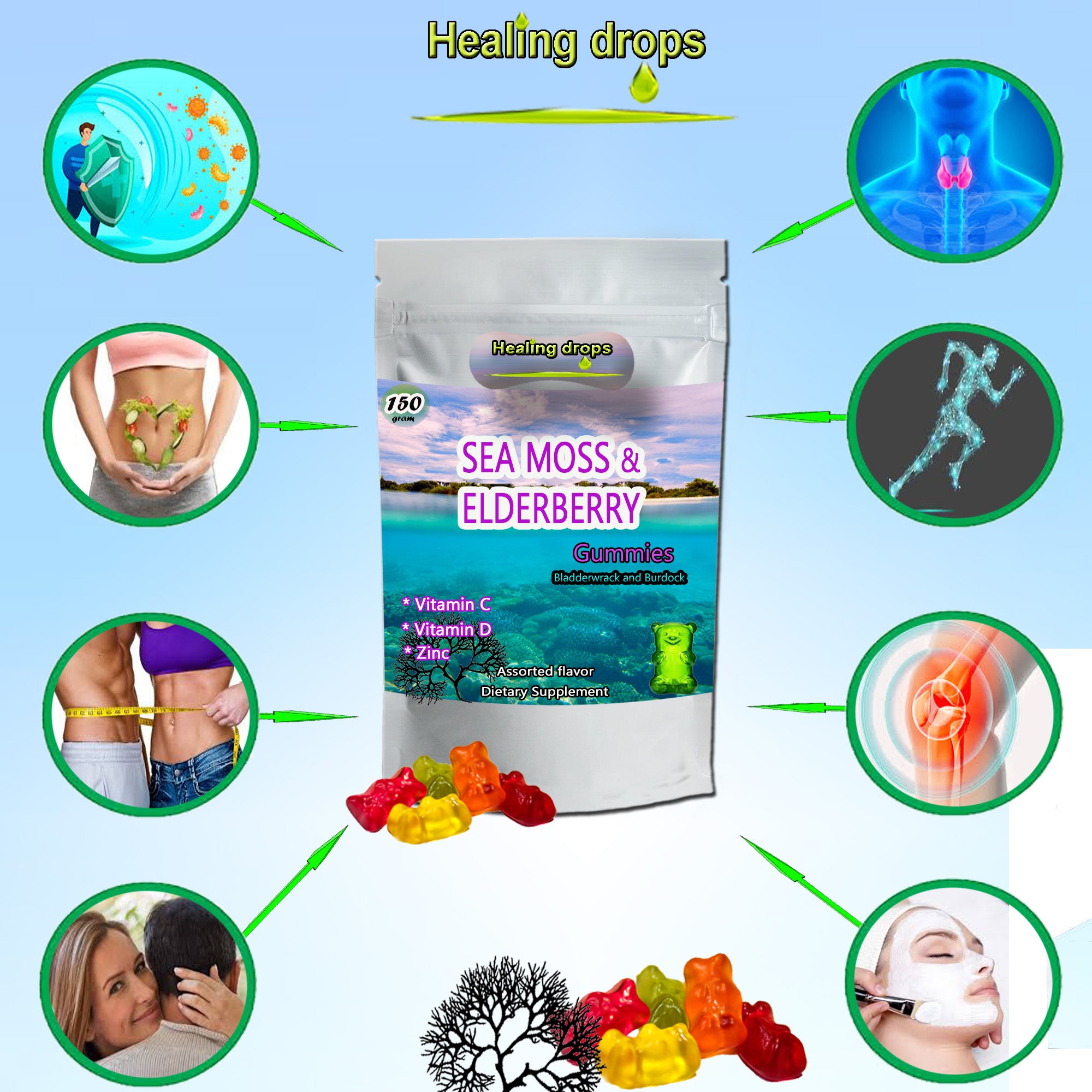 Irish Sea Moss Elderberry Gummies - Vitamin C D + Zinc - Bladderwrack Burdock