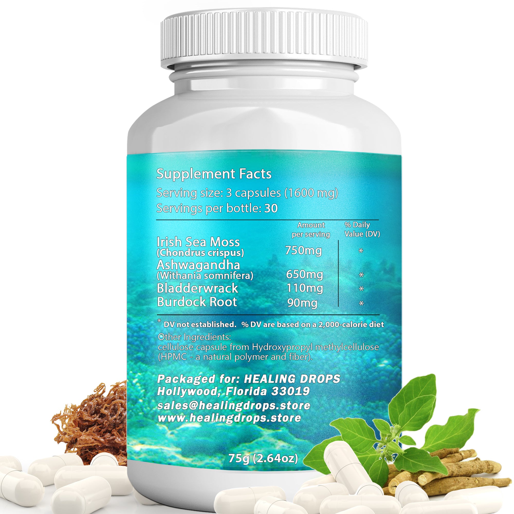 Sea Moss Ashwagandha Capsules with Bladderwrack & Burdock Root – Keto Alkaline Non-GMO Diet - Raw Organic Wildcrafted Sun-Dried Seamoss Gel Powder