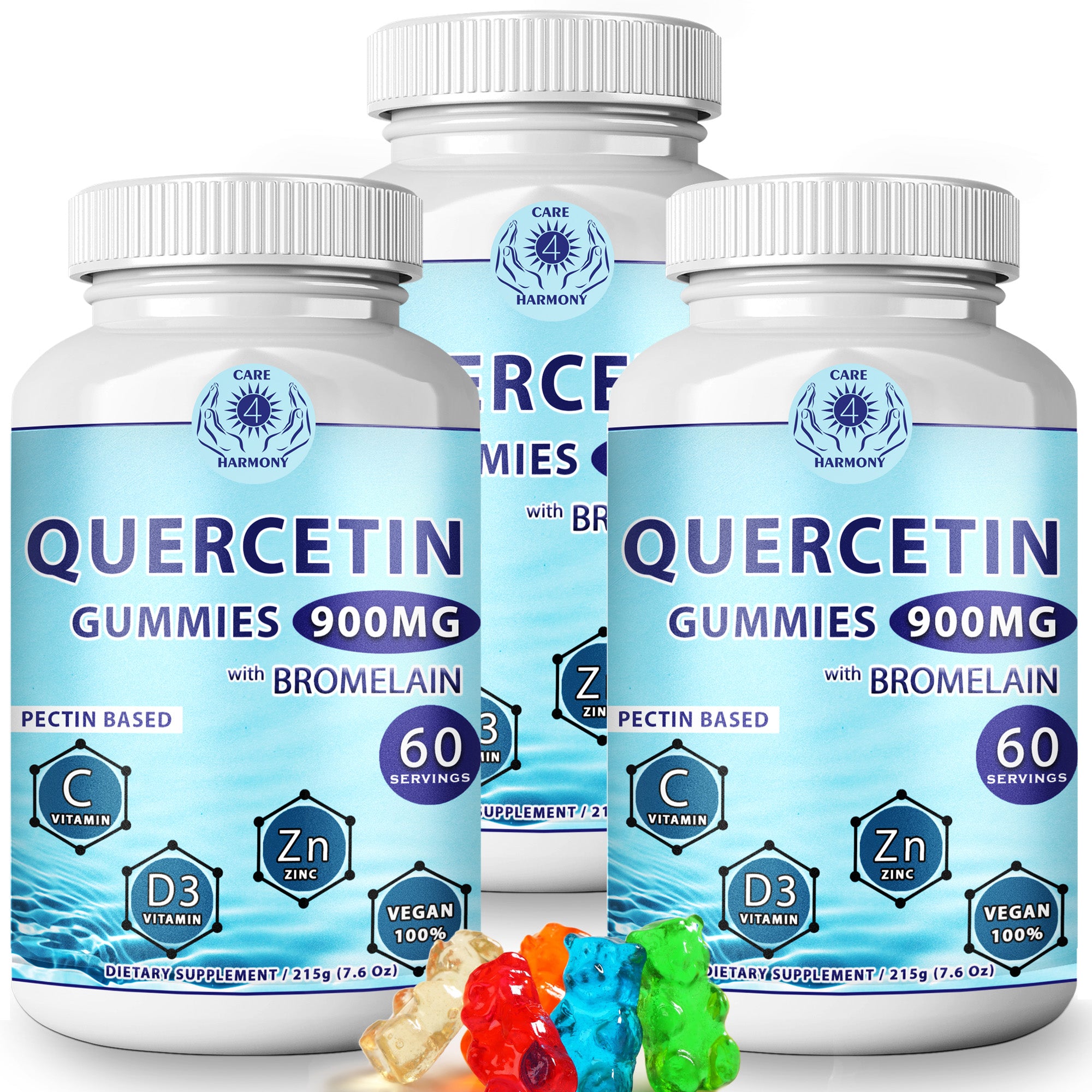 Quercetin Gummies - Quercetin with Bromelain Vitamin C + Zinc Vitamin D3 – Chewable Quercetin 900mg Supplements - Quercetin by CARE 4 HARMONY for Kids and Adults