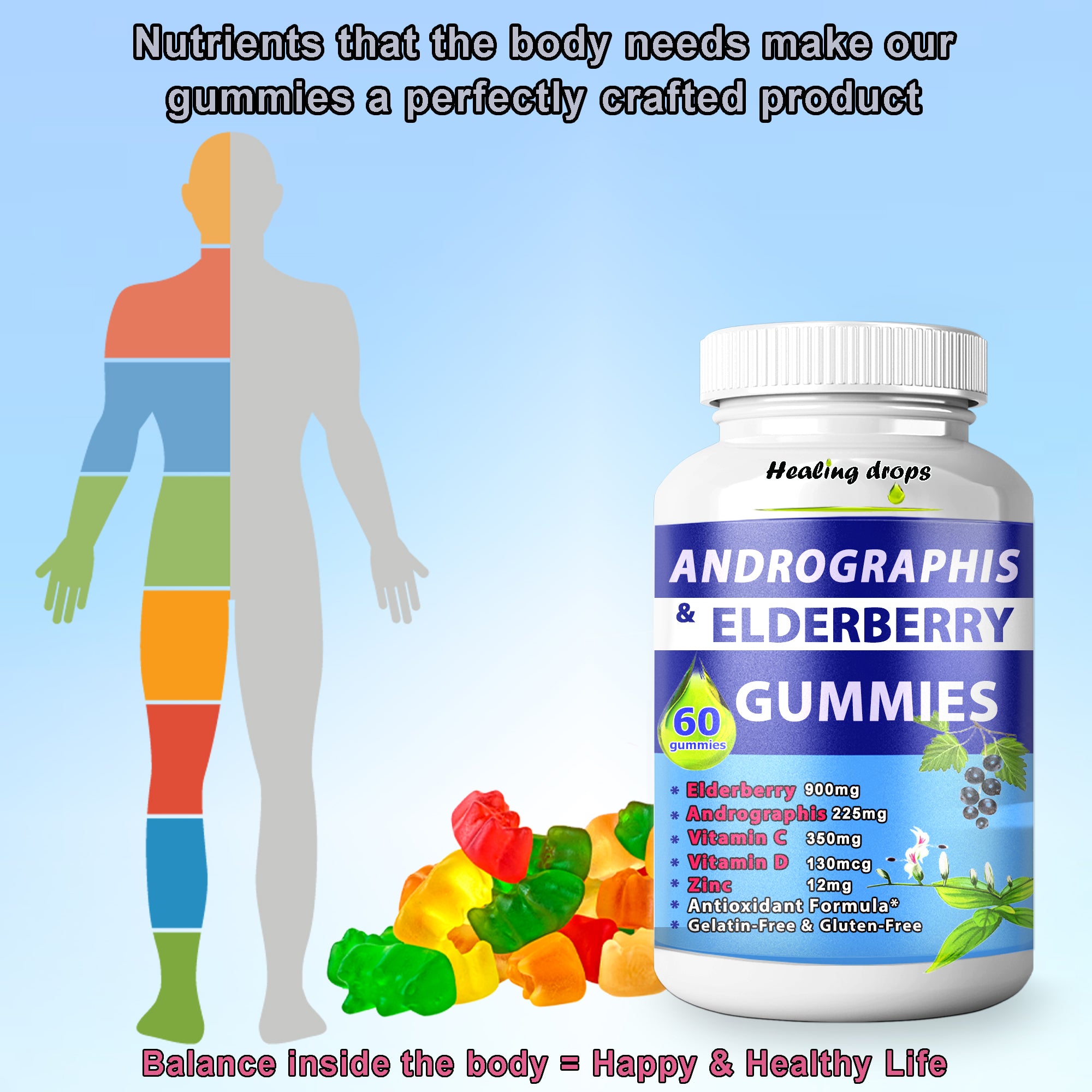 Andrographis Paniculata Gummies Elderberry Gummies with Elderflowers Zinc Vitamin C D - Sambucus Elderberry Gummies for Adults and Kids - Black Elderberry Andrographis Gummies by Healing Drops