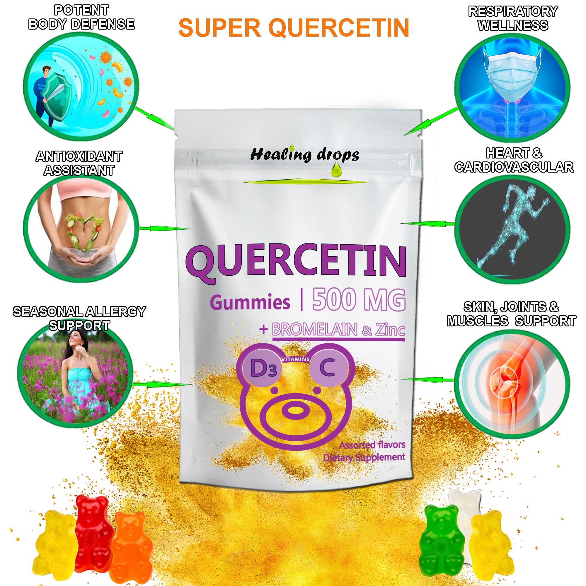 HEALING DROPS Quercetin with Bromelain Gummies - Vitamin C + Zinc + Vitamin D3 - Quercetin 500mg Gummies for Kids and Adults