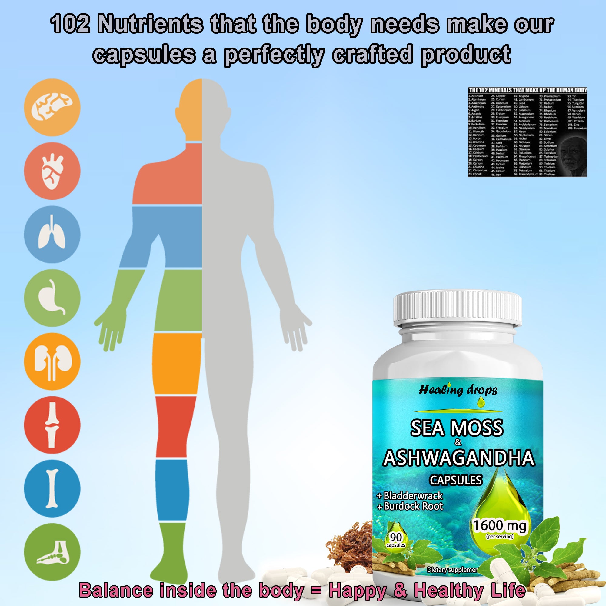 Sea Moss Ashwagandha Capsules with Bladderwrack & Burdock Root – Keto Alkaline Non-GMO Diet - Raw Organic Wildcrafted Sun-Dried Seamoss Gel Powder