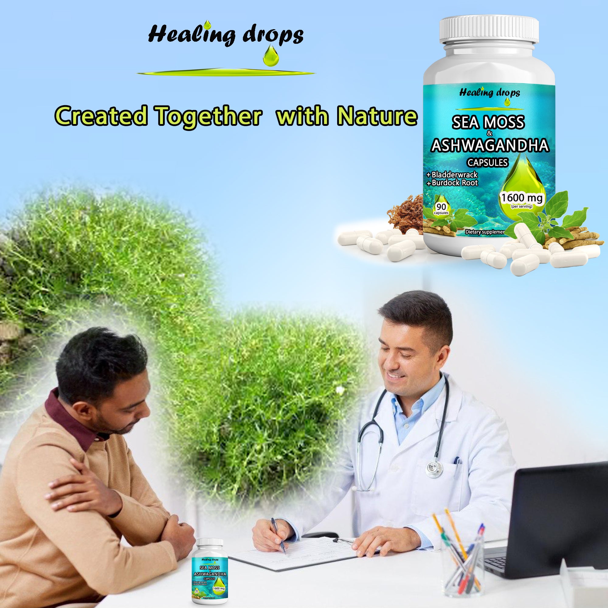 Sea Moss Ashwagandha Capsules with Bladderwrack & Burdock Root – Keto Alkaline Non-GMO Diet - Raw Organic Wildcrafted Sun-Dried Seamoss Gel Powder