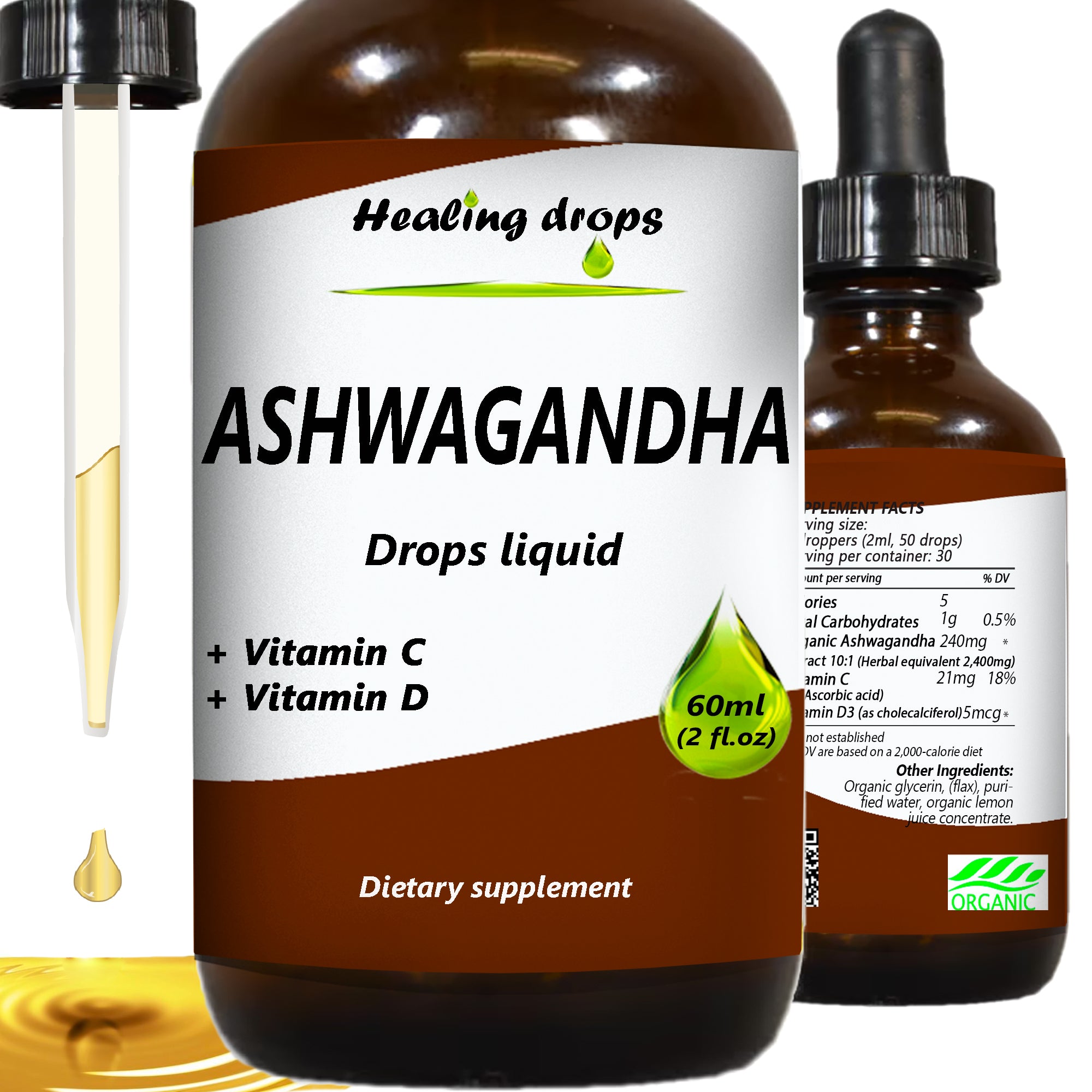 Healing Drops Ashwagandha Liquid Drops with Vitamin C & D – Organic Ashwagandha Extract – Herbal Supplement