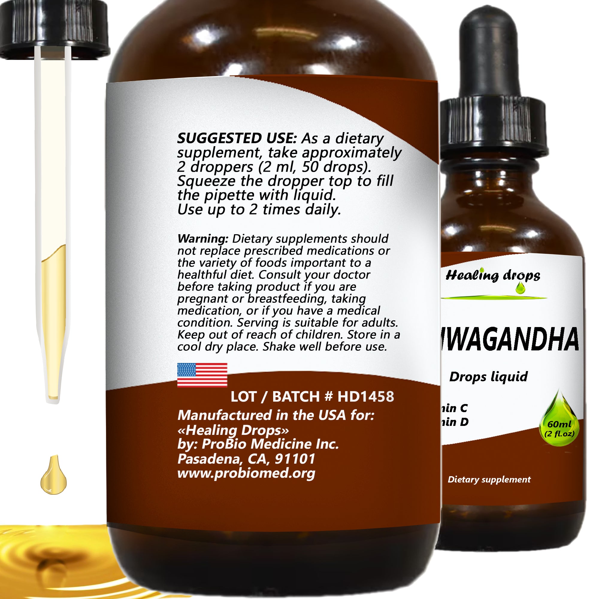 Healing Drops Ashwagandha Liquid Drops with Vitamin C & D – Organic Ashwagandha Extract – Herbal Supplement