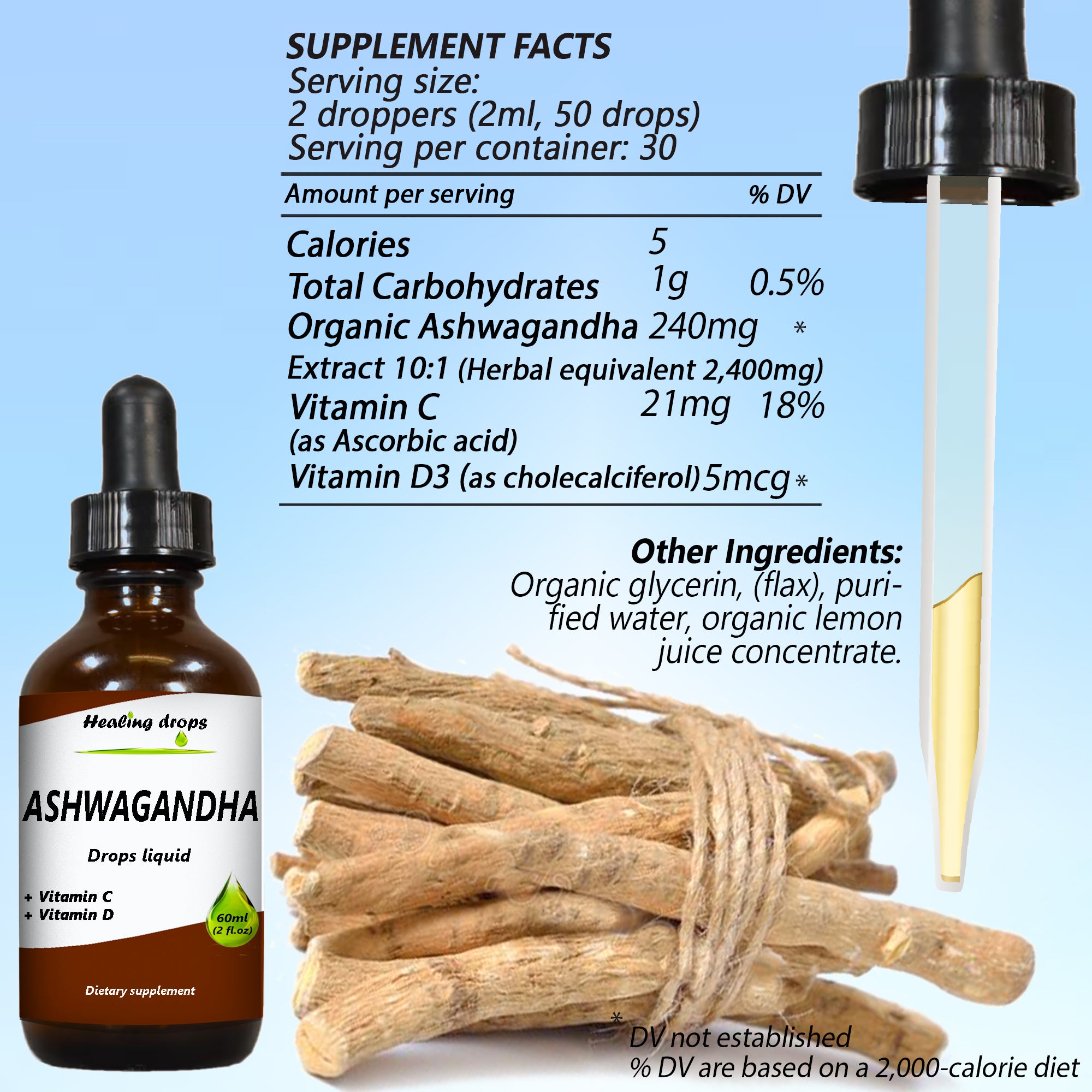 Healing Drops Ashwagandha Liquid Drops with Vitamin C & D – Organic Ashwagandha Extract – Herbal Supplement