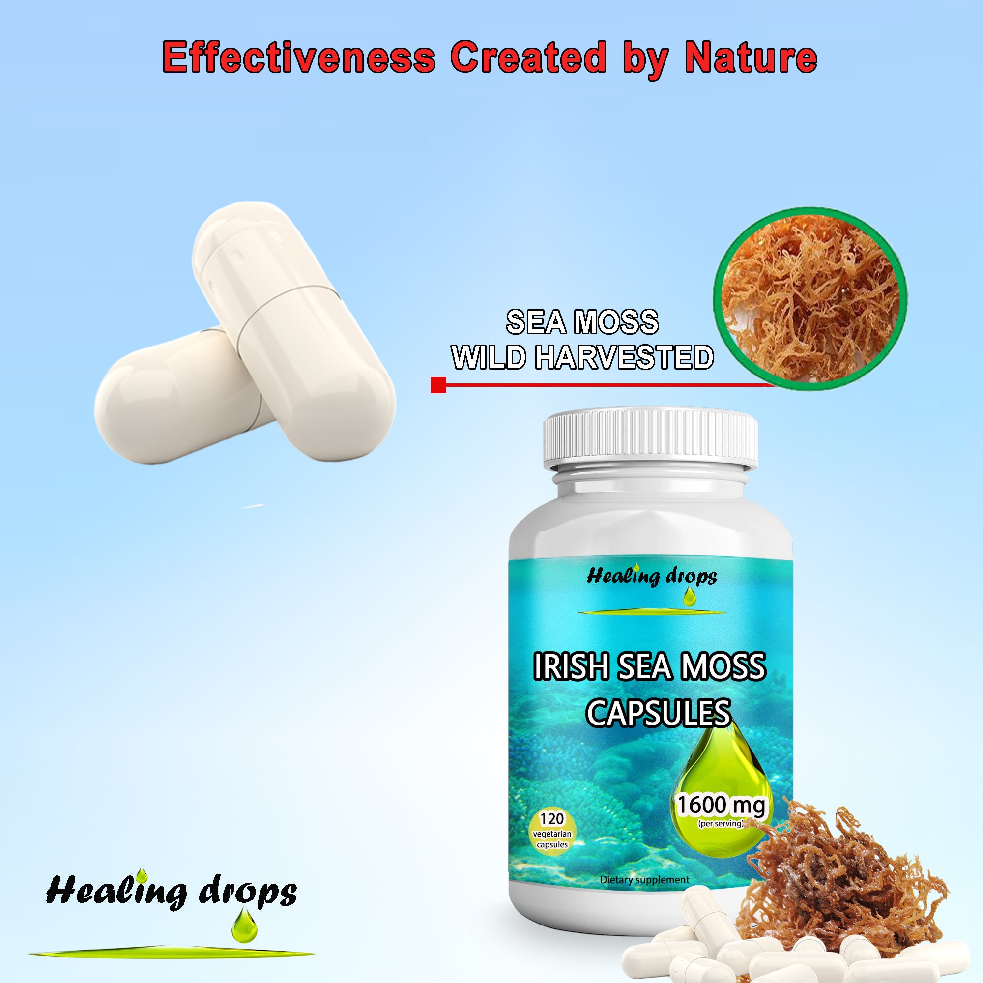 Sea Moss Capsules – Irish Sea Moss 1600mg – Keto Alkaline Non-GMO Diet - Raw Organic Wildcrafted Sun-Dried Seamoss Powder - HEALING DROPS