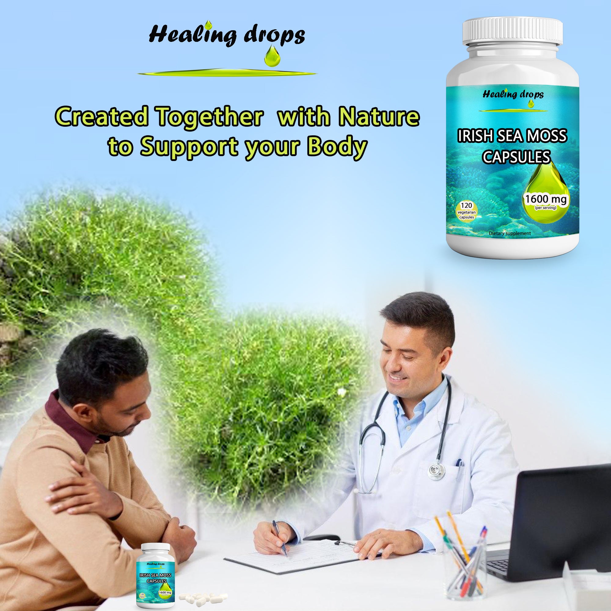 Sea Moss Capsules – Irish Sea Moss 1600mg – Keto Alkaline Non-GMO Diet - Raw Organic Wildcrafted Sun-Dried Seamoss Powder - HEALING DROPS