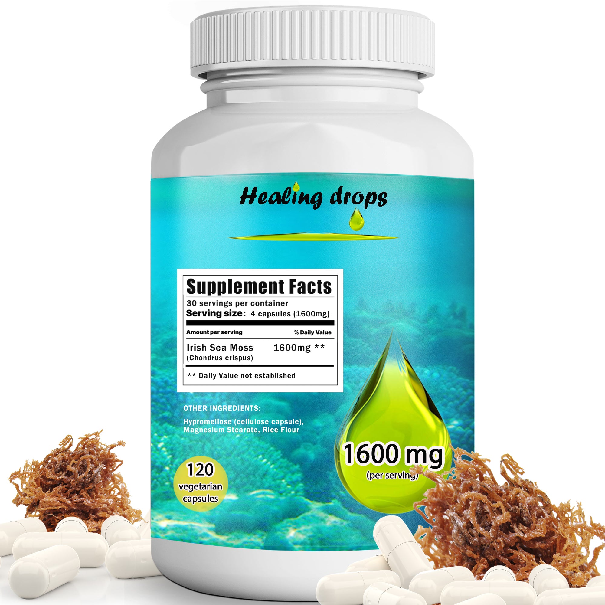 Sea Moss Capsules – Irish Sea Moss 1600mg – Keto Alkaline Non-GMO Diet - Raw Organic Wildcrafted Sun-Dried Seamoss Powder - HEALING DROPS