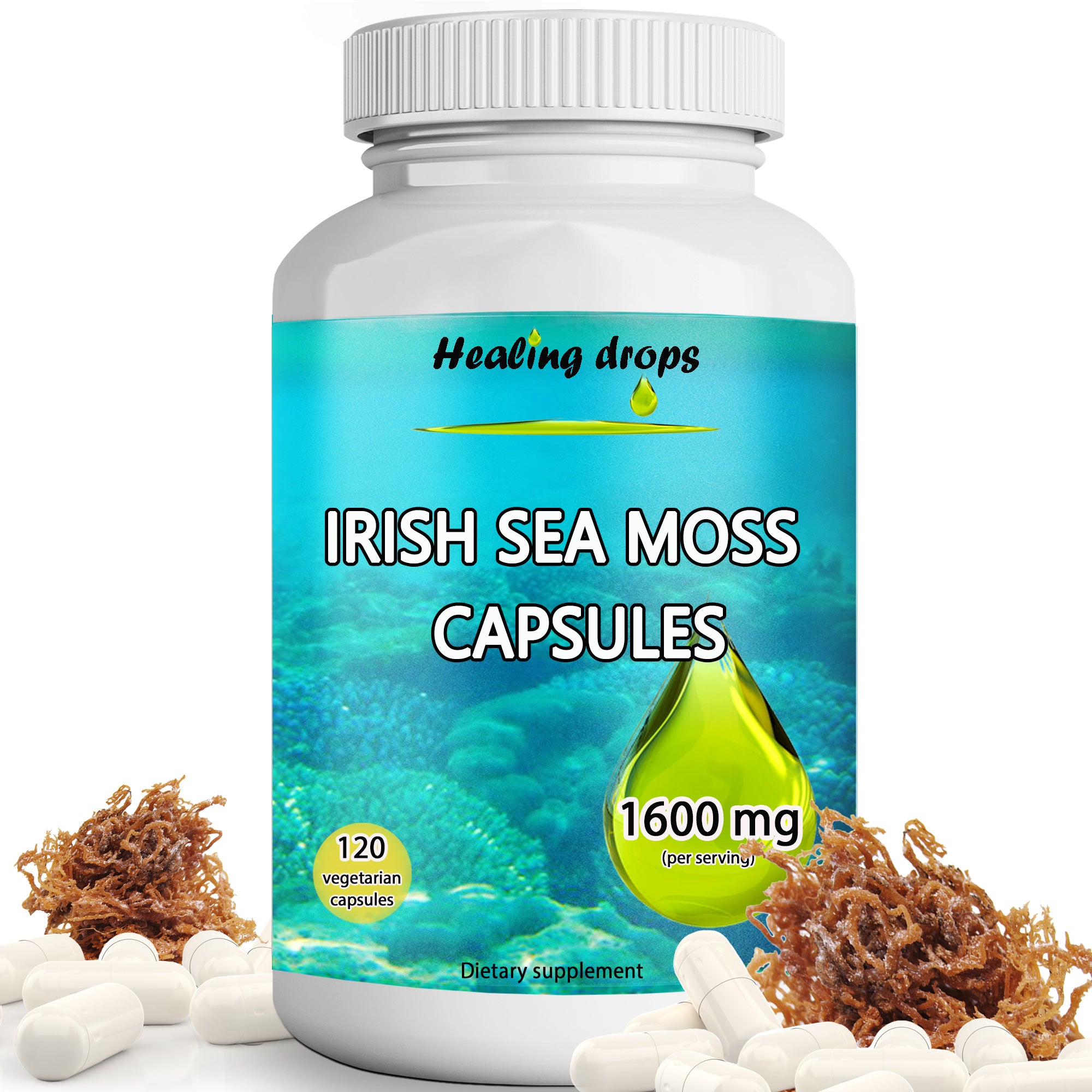 Sea Moss Capsules – Irish Sea Moss 1600mg – Keto Alkaline Non-GMO Diet - Raw Organic Wildcrafted Sun-Dried Seamoss Powder - HEALING DROPS