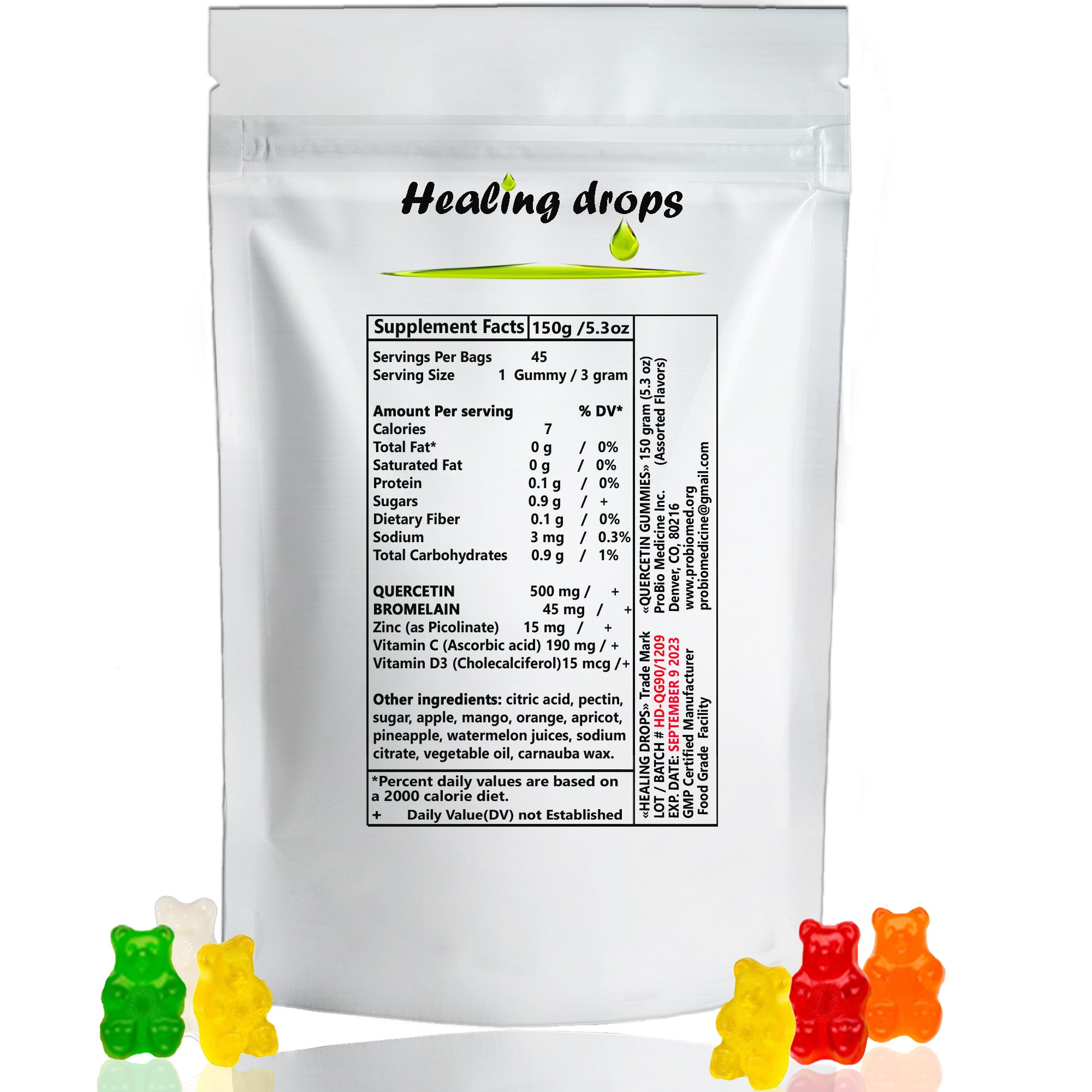 HEALING DROPS Quercetin with Bromelain Gummies - Vitamin C + Zinc + Vitamin D3 - Quercetin 500mg Gummies for Kids and Adults