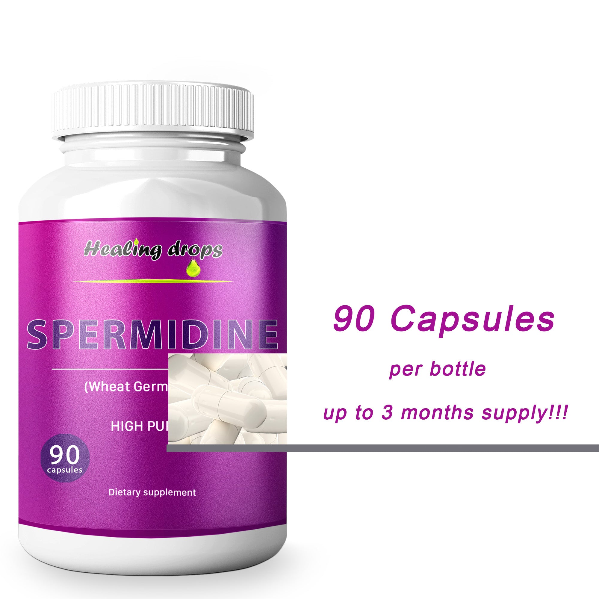 Spermidine Capsules Wheat Germ Extract - High Potency 99% of 3HCL Spermidine (90 Capsules) Healing Drops - Longevity & Cellular Energy Metabolism