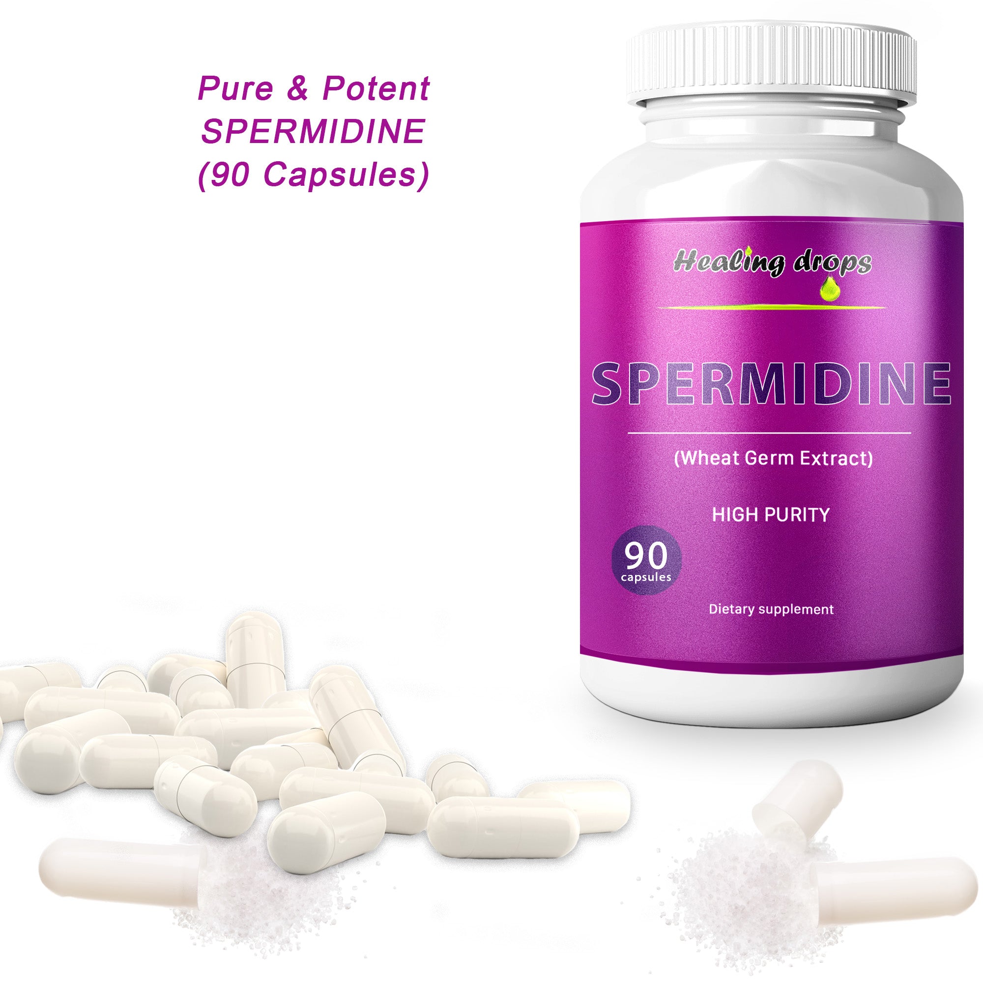 Spermidine Capsules Wheat Germ Extract - High Potency 99% of 3HCL Spermidine (90 Capsules) Healing Drops - Longevity & Cellular Energy Metabolism