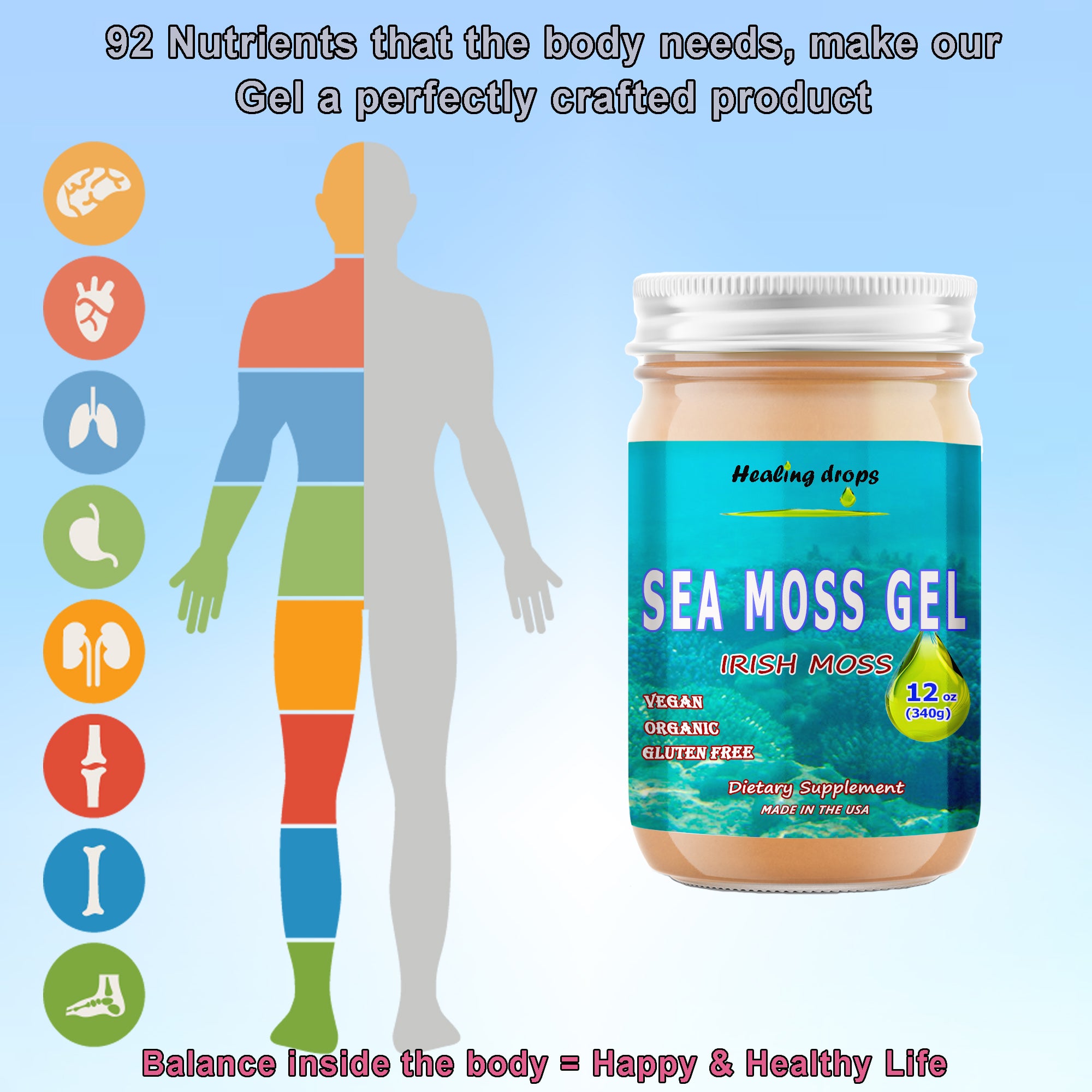 Sea Moss Gel - Irish Sea Moss - Raw Organic Wildcrafted Sun-Dried Seamoss Gel – Alkaline Keto Vegan Non-GMO Diet – Thyroid Skin Detox by Healing Drops