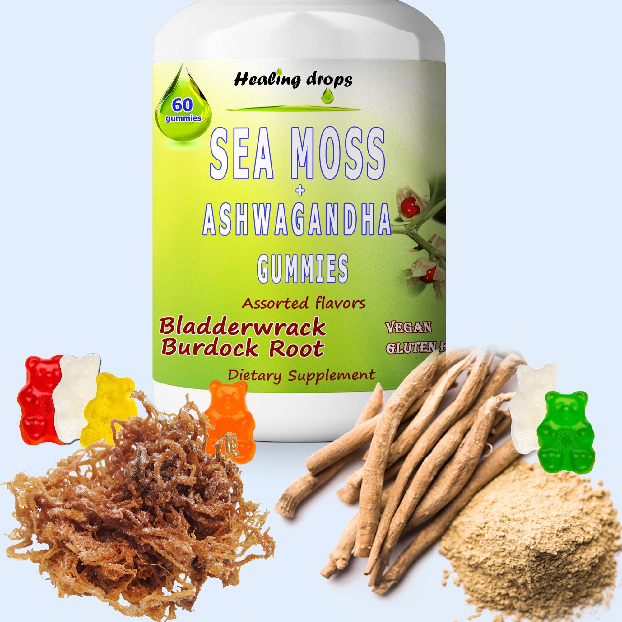 Sea Moss Ashwagandha Gummies - with Bladderwrack, Burdock Root by Healing Drops - Jar of 60 pcs