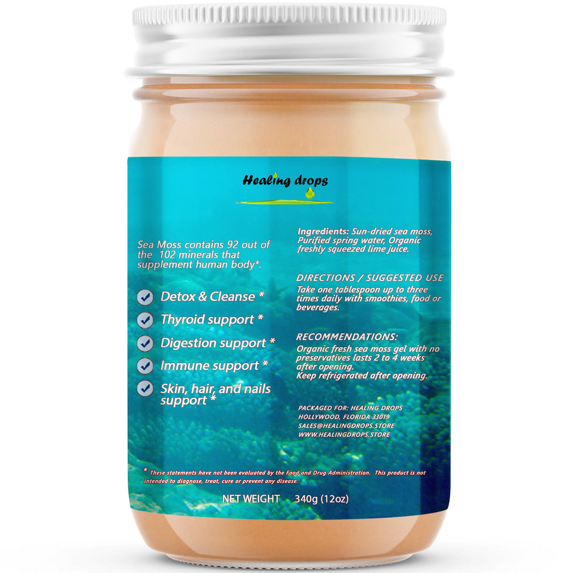 Sea Moss Gel - Irish Sea Moss - Raw Organic Wildcrafted Sun-Dried Seamoss Gel – Alkaline Keto Vegan Non-GMO Diet – Thyroid Skin Detox by Healing Drops