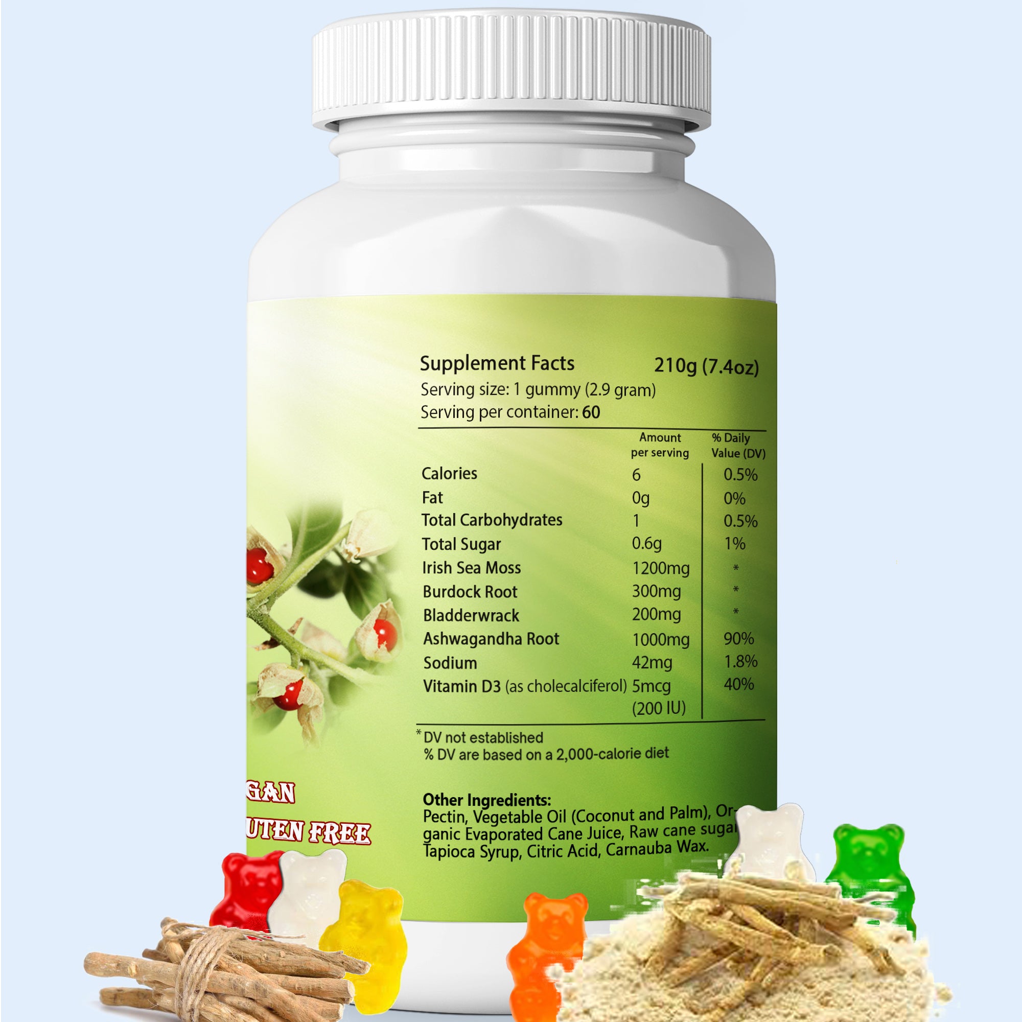Sea Moss Ashwagandha Gummies - with Bladderwrack, Burdock Root by Healing Drops - Jar of 60 pcs