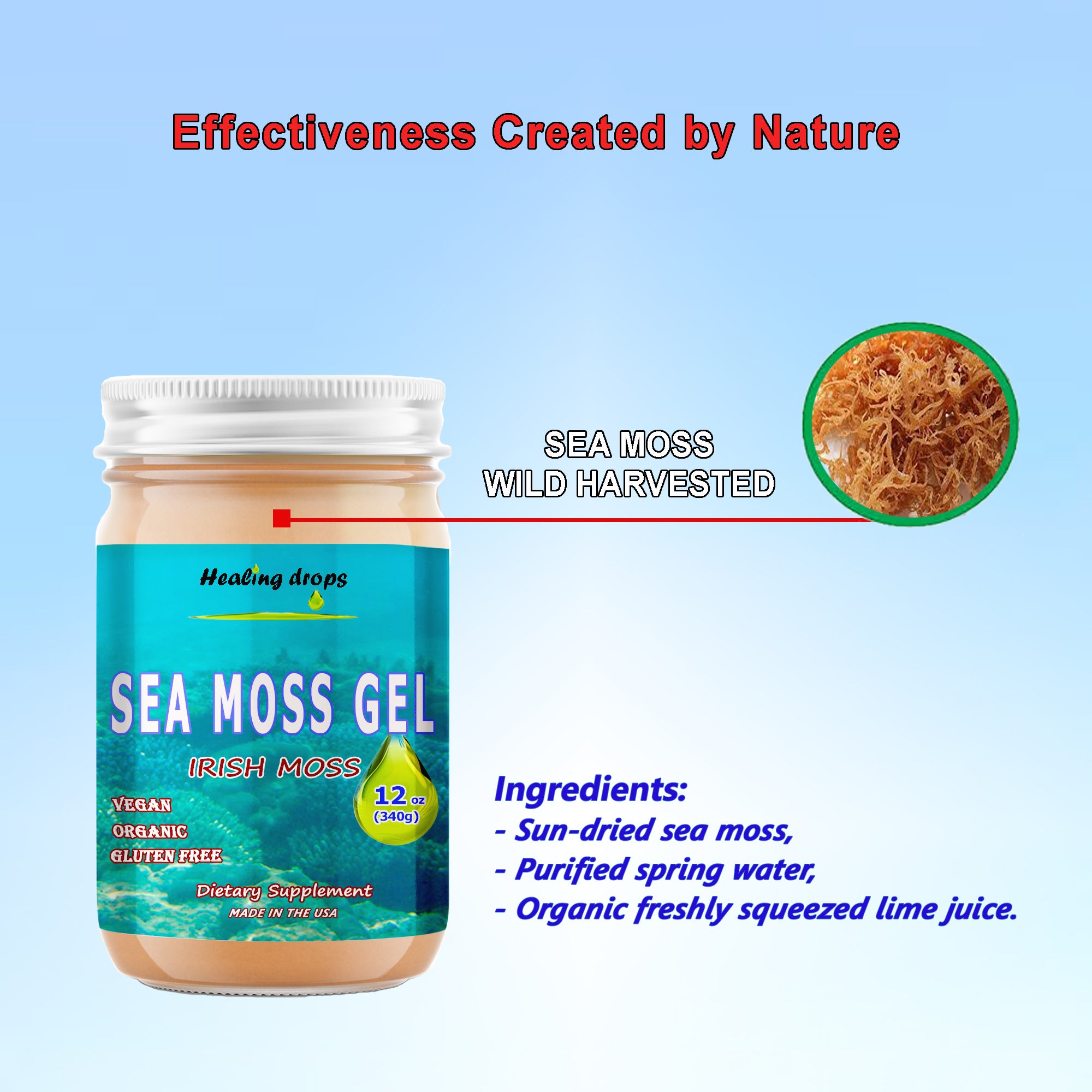 Sea Moss Gel - Irish Sea Moss - Raw Organic Wildcrafted Sun-Dried Seamoss Gel – Alkaline Keto Vegan Non-GMO Diet – Thyroid Skin Detox by Healing Drops