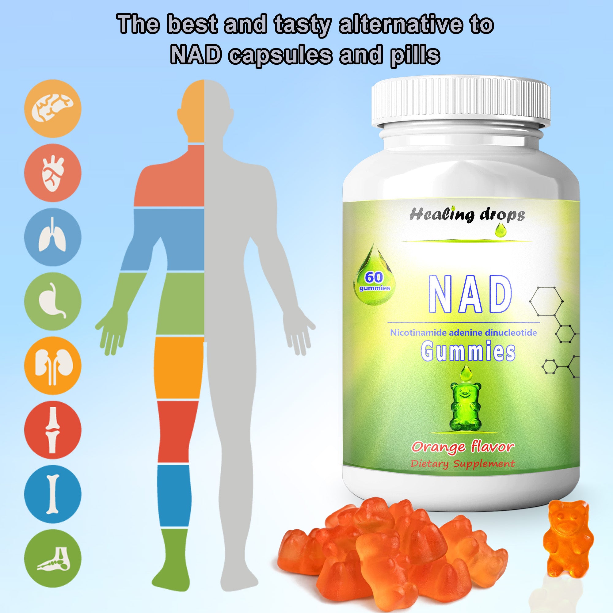 NAD+ Gummies - Nicotinamide adenine dinucleotid 750mg - NAD+ capsules alternative by Healing Drops
