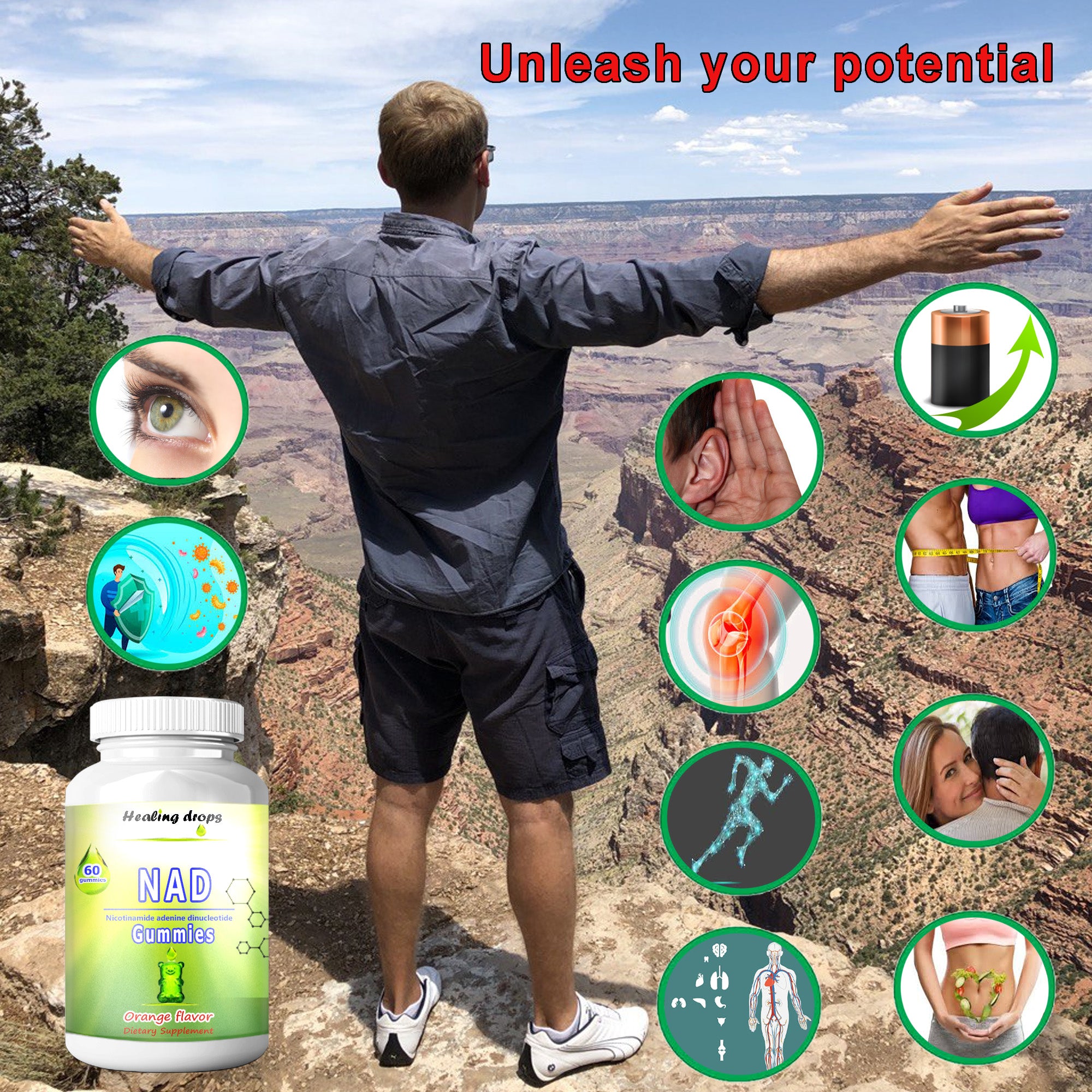 NAD+ Gummies - Nicotinamide adenine dinucleotid 750mg - NAD+ capsules alternative by Healing Drops