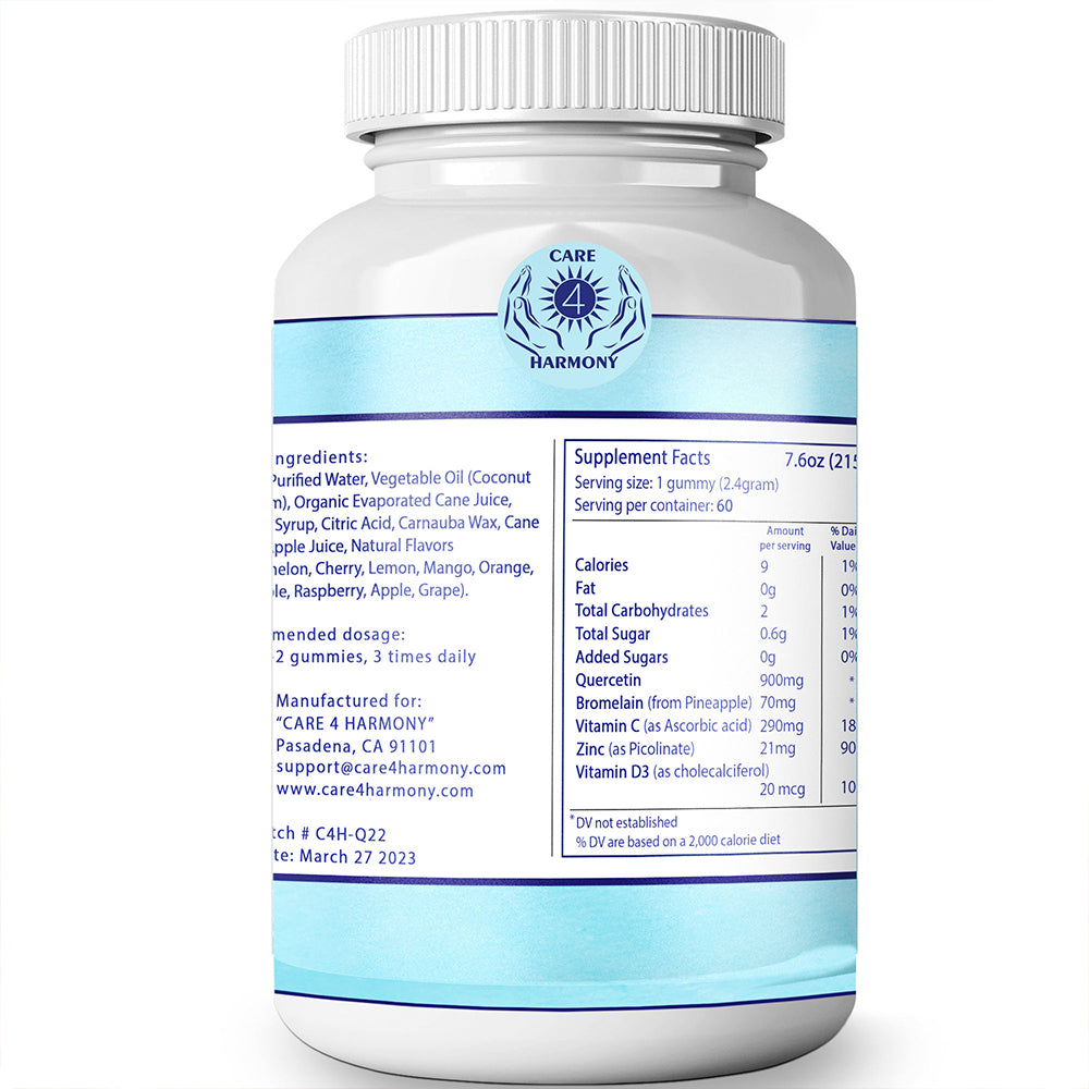 Quercetin Gummies - Quercetin with Bromelain Vitamin C + Zinc Vitamin D3 – Chewable Quercetin 900mg Supplements - Quercetin by CARE 4 HARMONY for Kids and Adults