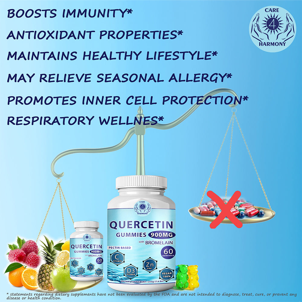 Quercetin Gummies - Quercetin with Bromelain Vitamin C + Zinc Vitamin D3 – Chewable Quercetin 900mg Supplements - Quercetin by CARE 4 HARMONY for Kids and Adults