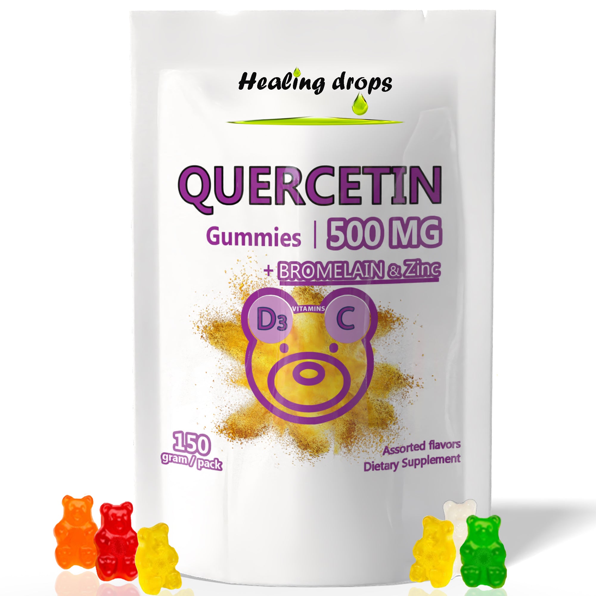 HEALING DROPS Quercetin with Bromelain Gummies - Vitamin C + Zinc + Vitamin D3 - Quercetin 500mg Gummies for Kids and Adults