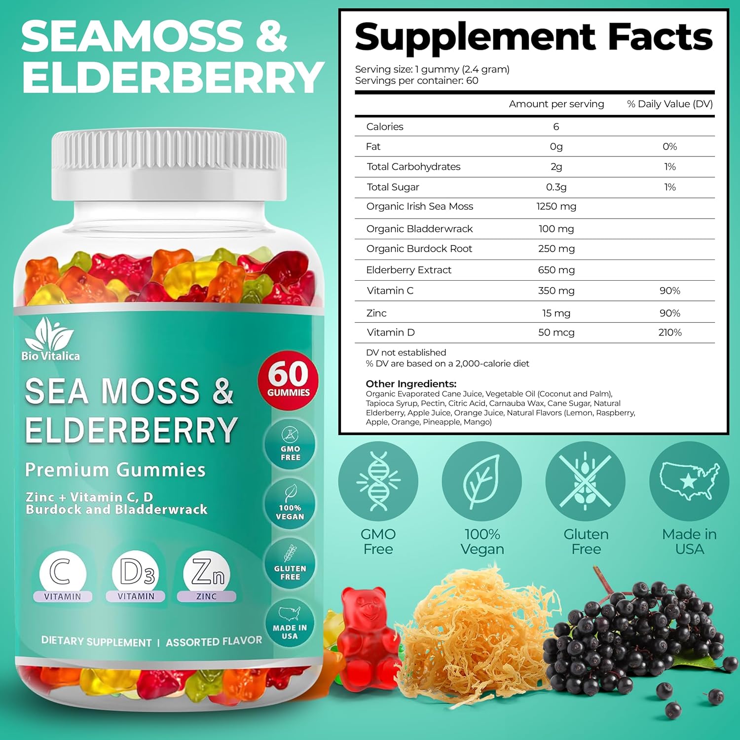 Sea Moss Gummies Elderberry Bio Vitalica - Vitamin C D + Zinc - Irish Seamoss Vegan Gummies