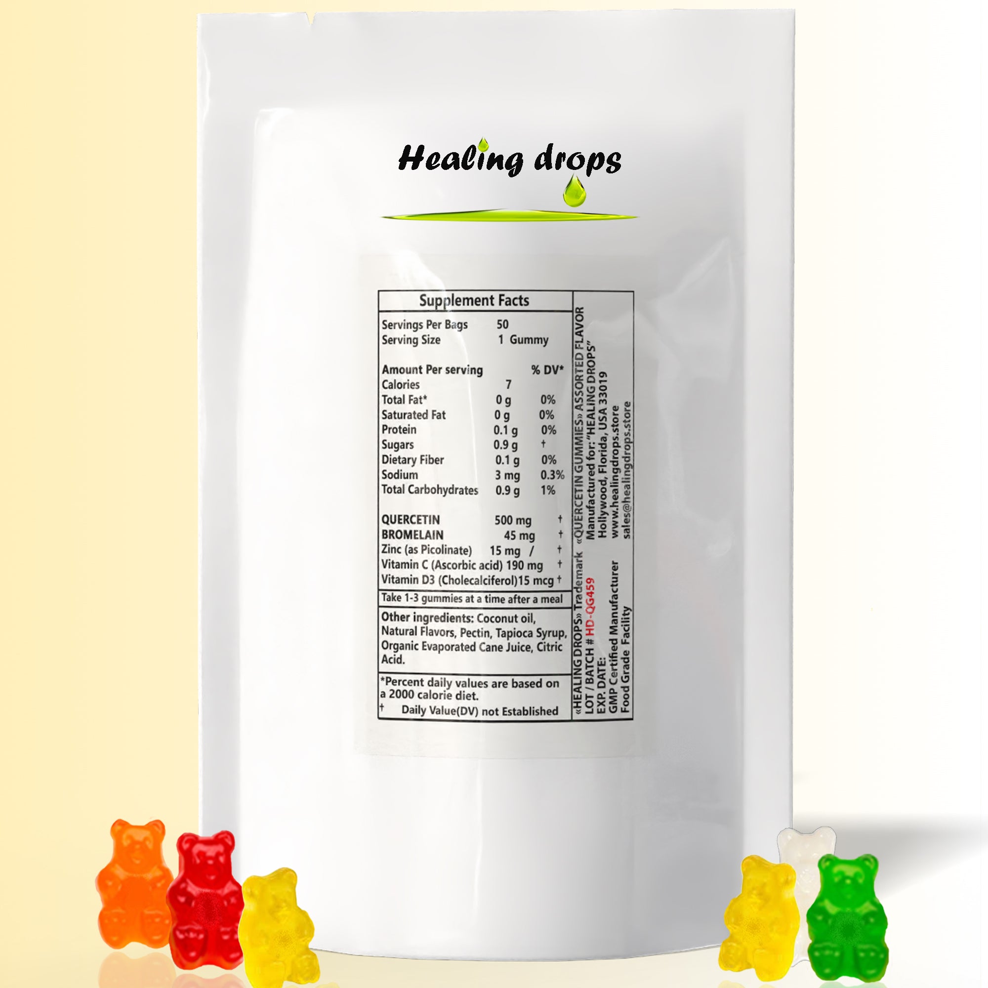 HEALING DROPS Quercetin with Bromelain Gummies - Vitamin C + Zinc + Vitamin D3 - Quercetin 500mg Gummies for Kids and Adults