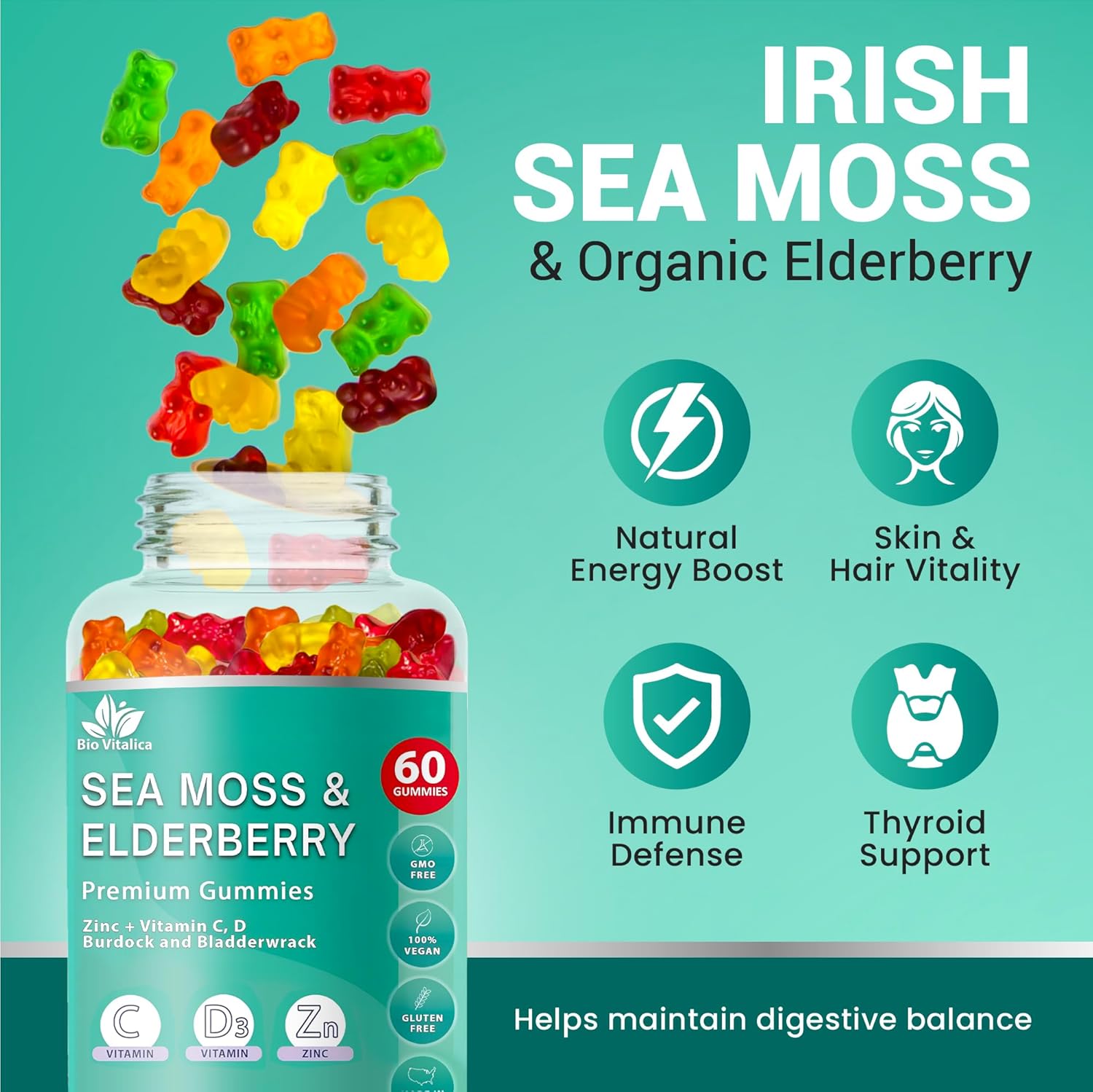 Sea Moss Gummies Elderberry Bio Vitalica - Vitamin C D + Zinc - Irish Seamoss Vegan Gummies