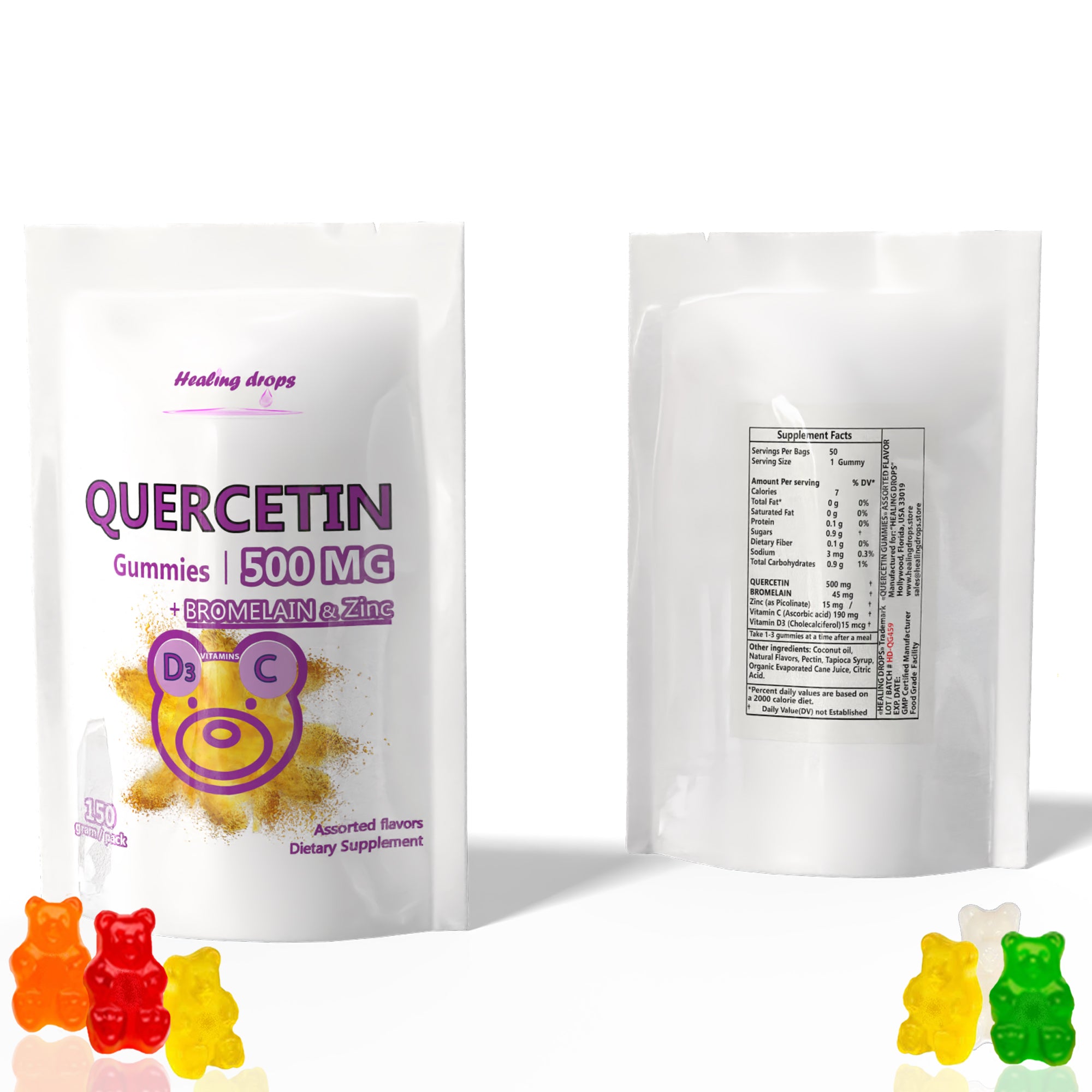 HEALING DROPS Quercetin with Bromelain Gummies - Vitamin C + Zinc + Vitamin D3 - Quercetin 500mg Gummies for Kids and Adults