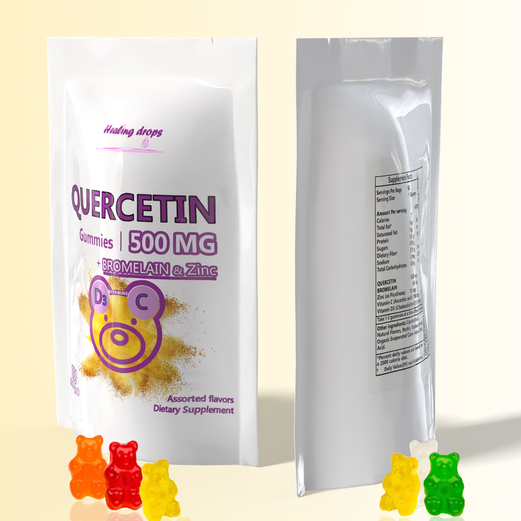 HEALING DROPS Quercetin with Bromelain Gummies - Vitamin C + Zinc + Vitamin D3 - Quercetin 500mg Gummies for Kids and Adults
