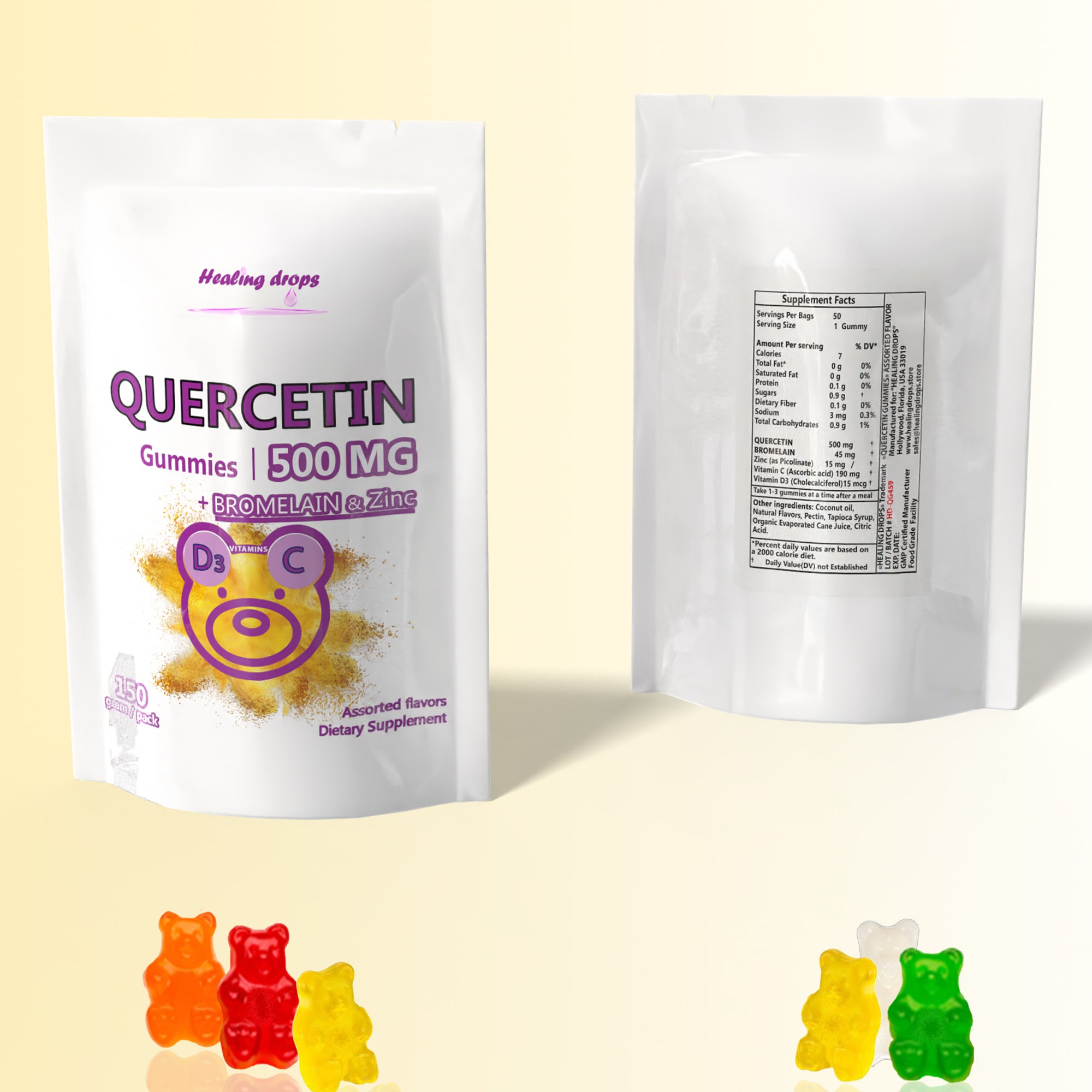 HEALING DROPS Quercetin with Bromelain Gummies - Vitamin C + Zinc + Vitamin D3 - Quercetin 500mg Gummies for Kids and Adults