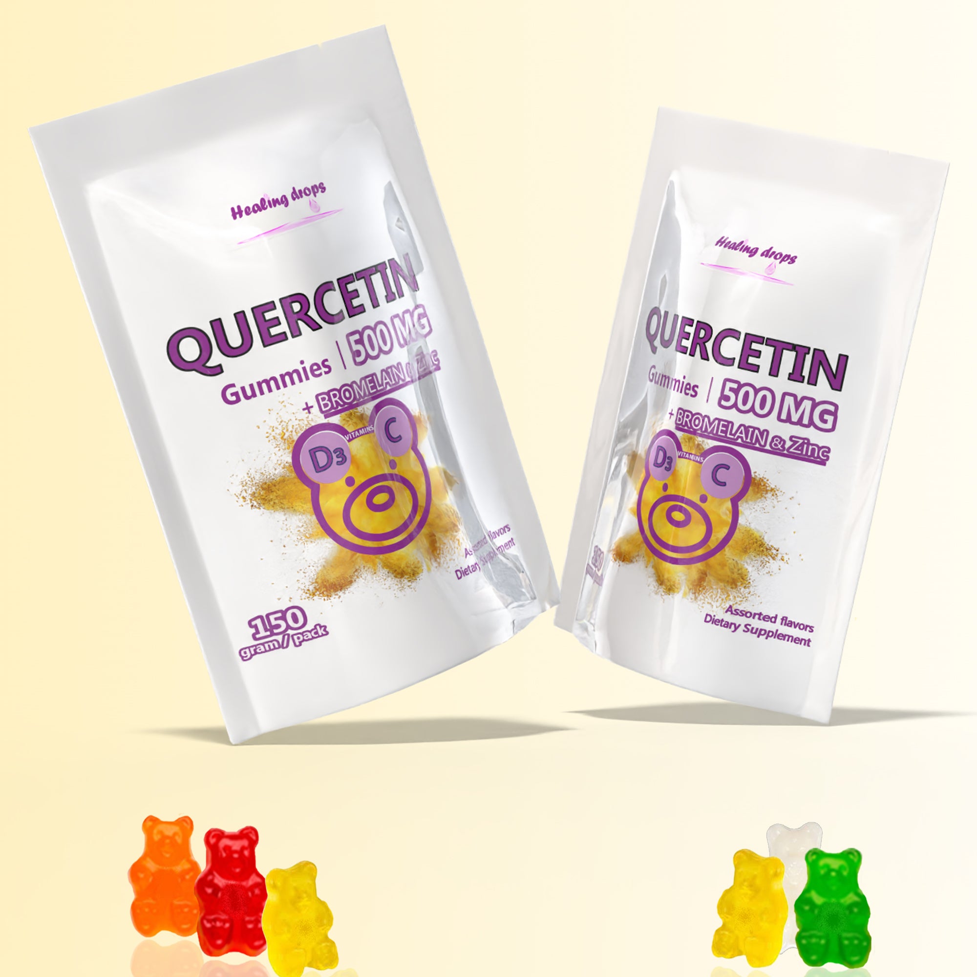 HEALING DROPS Quercetin with Bromelain Gummies - Vitamin C + Zinc + Vitamin D3 - Quercetin 500mg Gummies for Kids and Adults