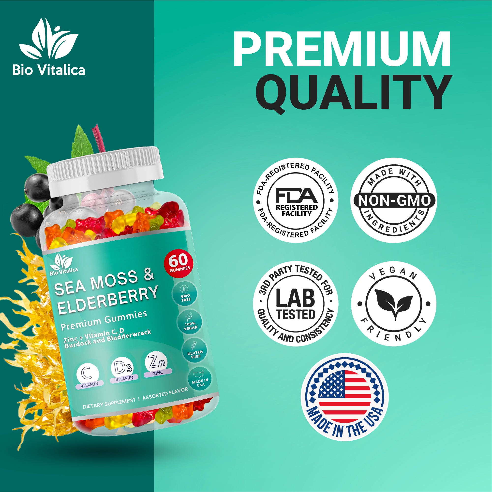 Sea Moss Gummies Elderberry Bio Vitalica - Vitamin C D + Zinc - Irish Seamoss Vegan Gummies