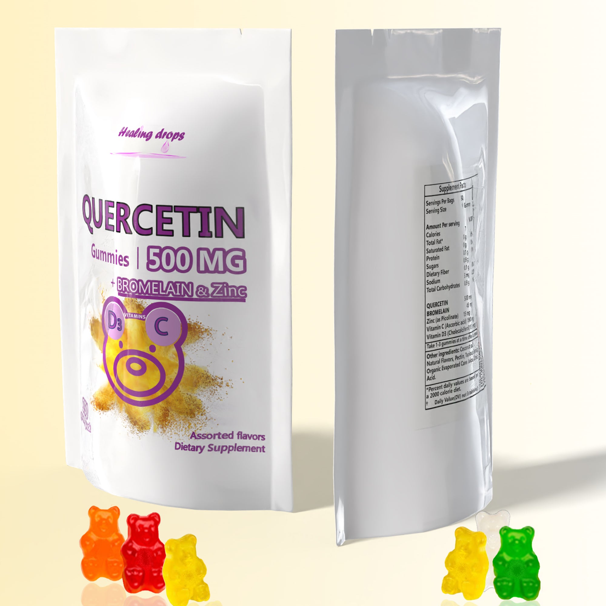 HEALING DROPS Quercetin with Bromelain Gummies - Vitamin C + Zinc + Vitamin D3 - Quercetin 500mg Gummies for Kids and Adults