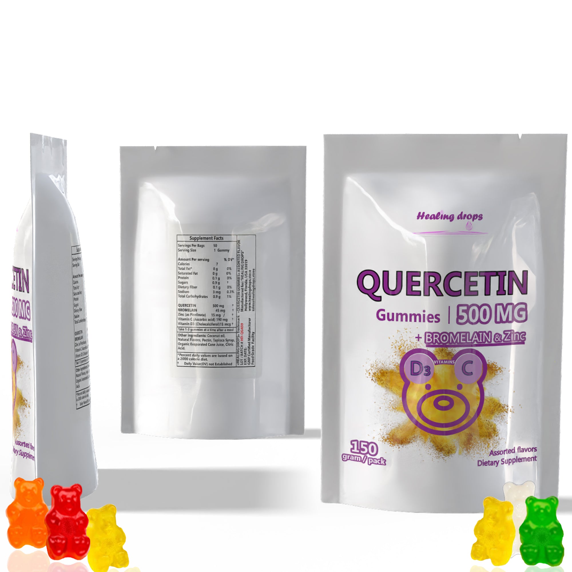 HEALING DROPS Quercetin with Bromelain Gummies - Vitamin C + Zinc + Vitamin D3 - Quercetin 500mg Gummies for Kids and Adults
