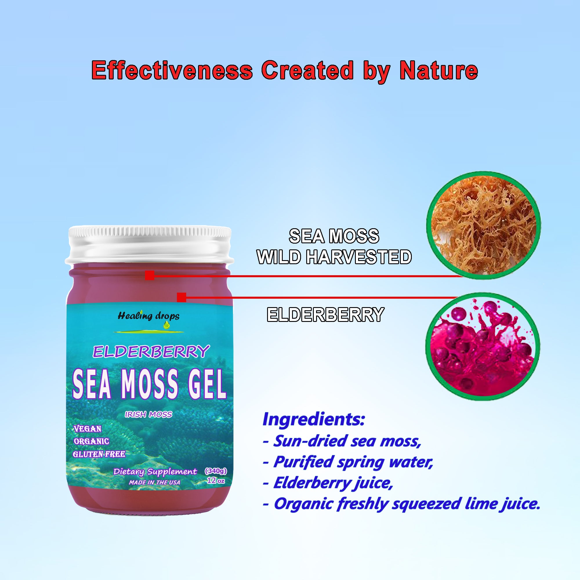 Sea Moss Elderberry Gel - Irish Sea Moss - Raw Organic Wildcrafted Sun-Dried Seamoss Elderberry Gel by Healing Drops