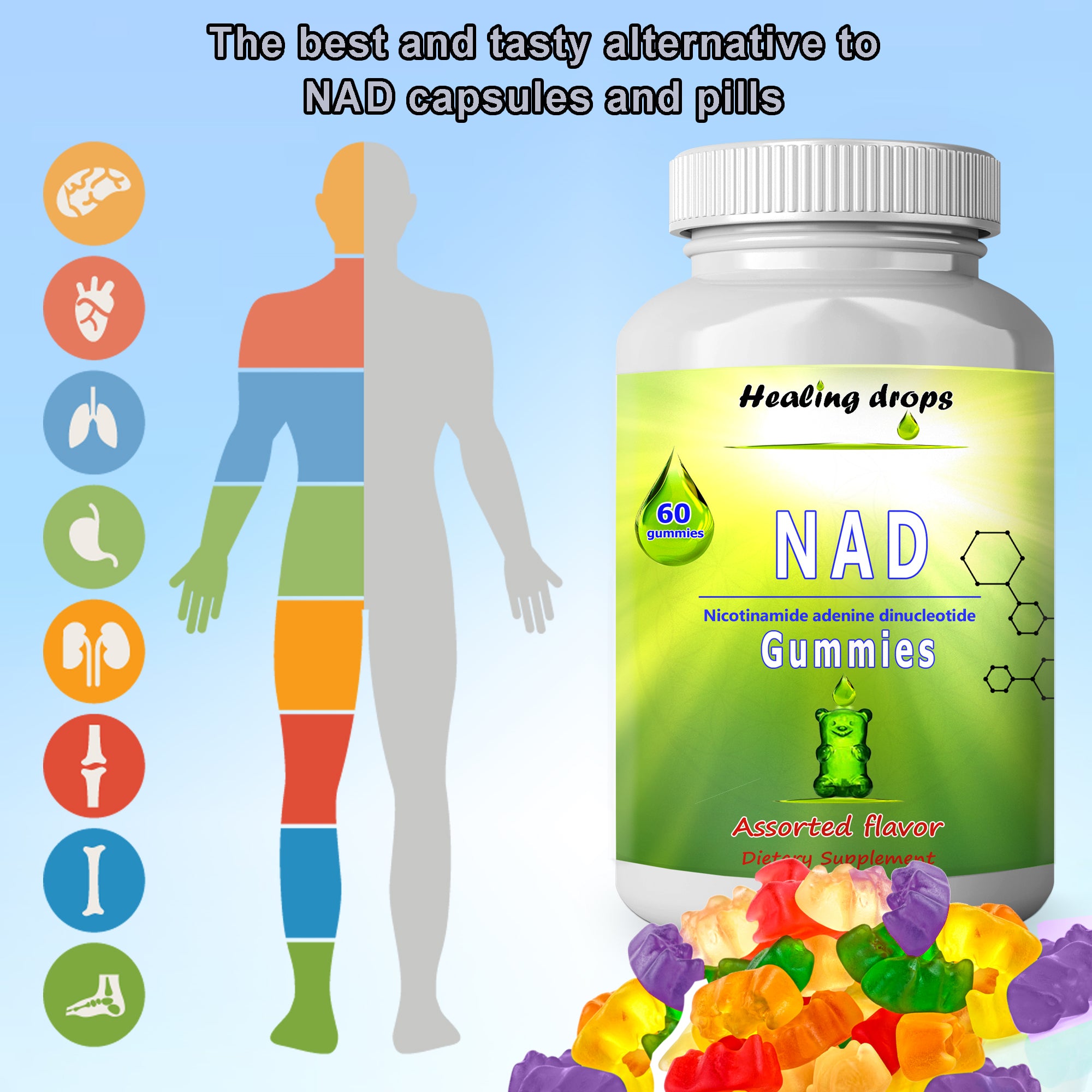 NAD+ Gummies - Nicotinamide adenine dinucleotid 750mg - NAD+ capsules alternative by Healing Drops