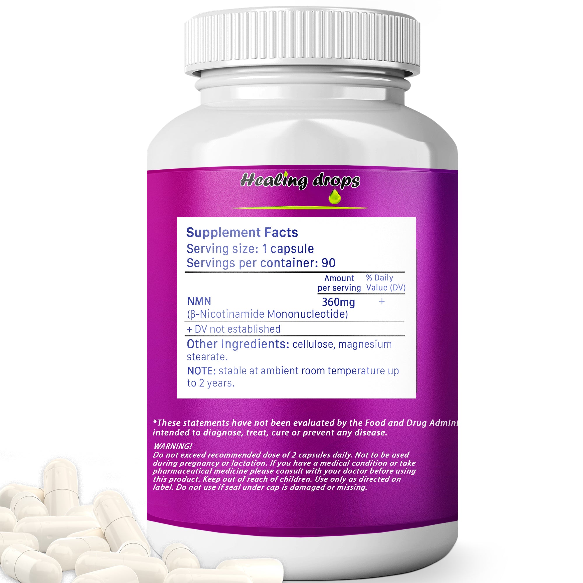 NMN Nicotinamide Mononucleotide Capsules 360mg – High Purity Stabilized Form 99% NMN (90 Capsules) Healing Drops - for NAD+ Muscles & Cellular Energy Metabolism - NMN Supplement