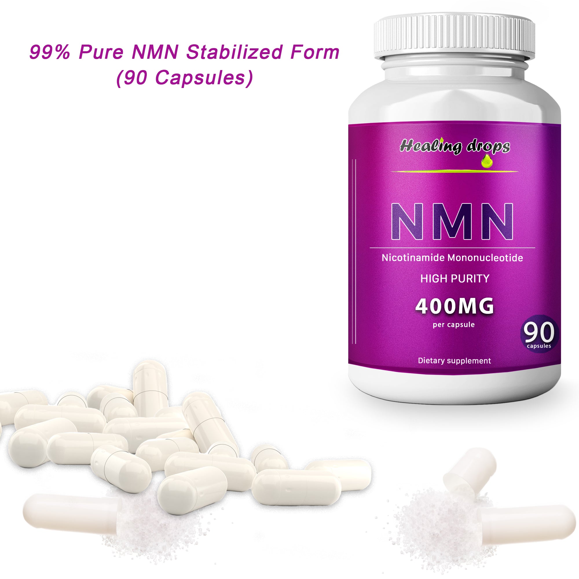 NMN Nicotinamide Mononucleotide Capsules 360mg – High Purity Stabilized Form 99% NMN (90 Capsules) Healing Drops - for NAD+ Muscles & Cellular Energy Metabolism - NMN Supplement