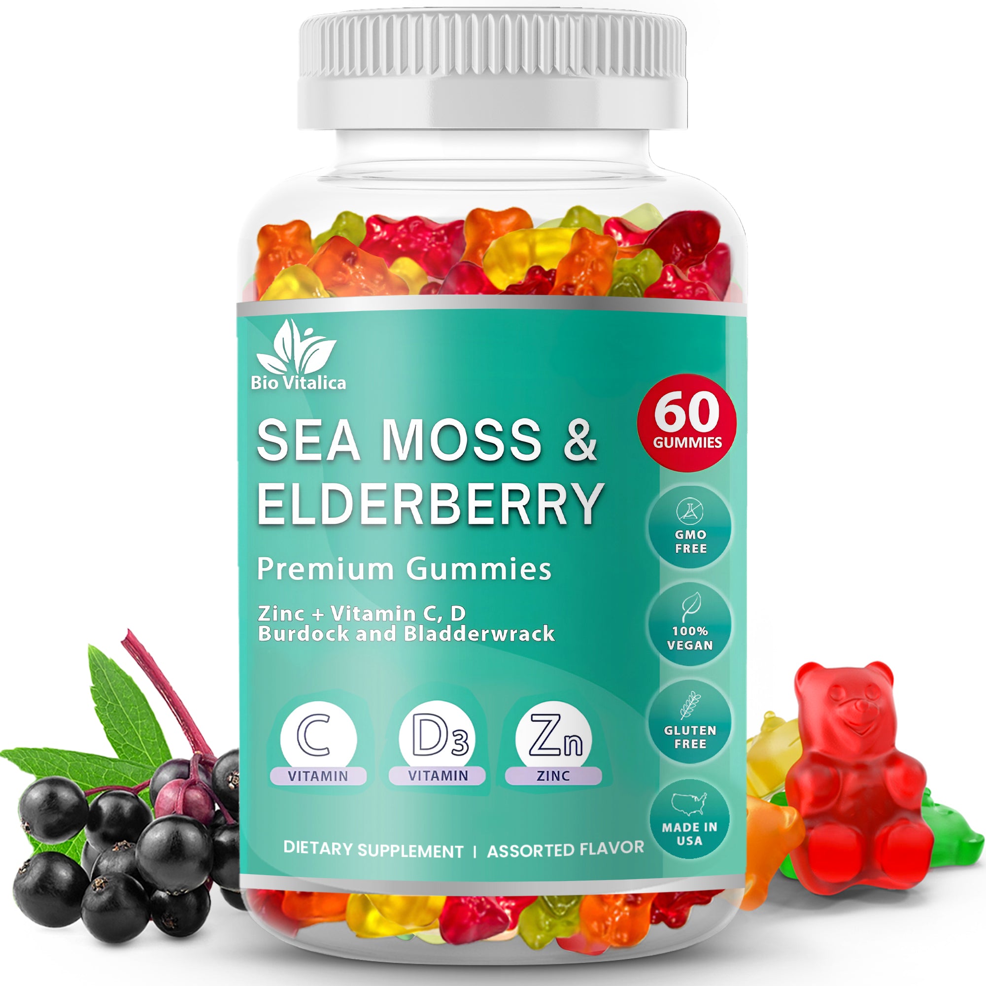 Sea Moss Gummies Elderberry Bio Vitalica - Vitamin C D + Zinc - Irish Seamoss Vegan Gummies