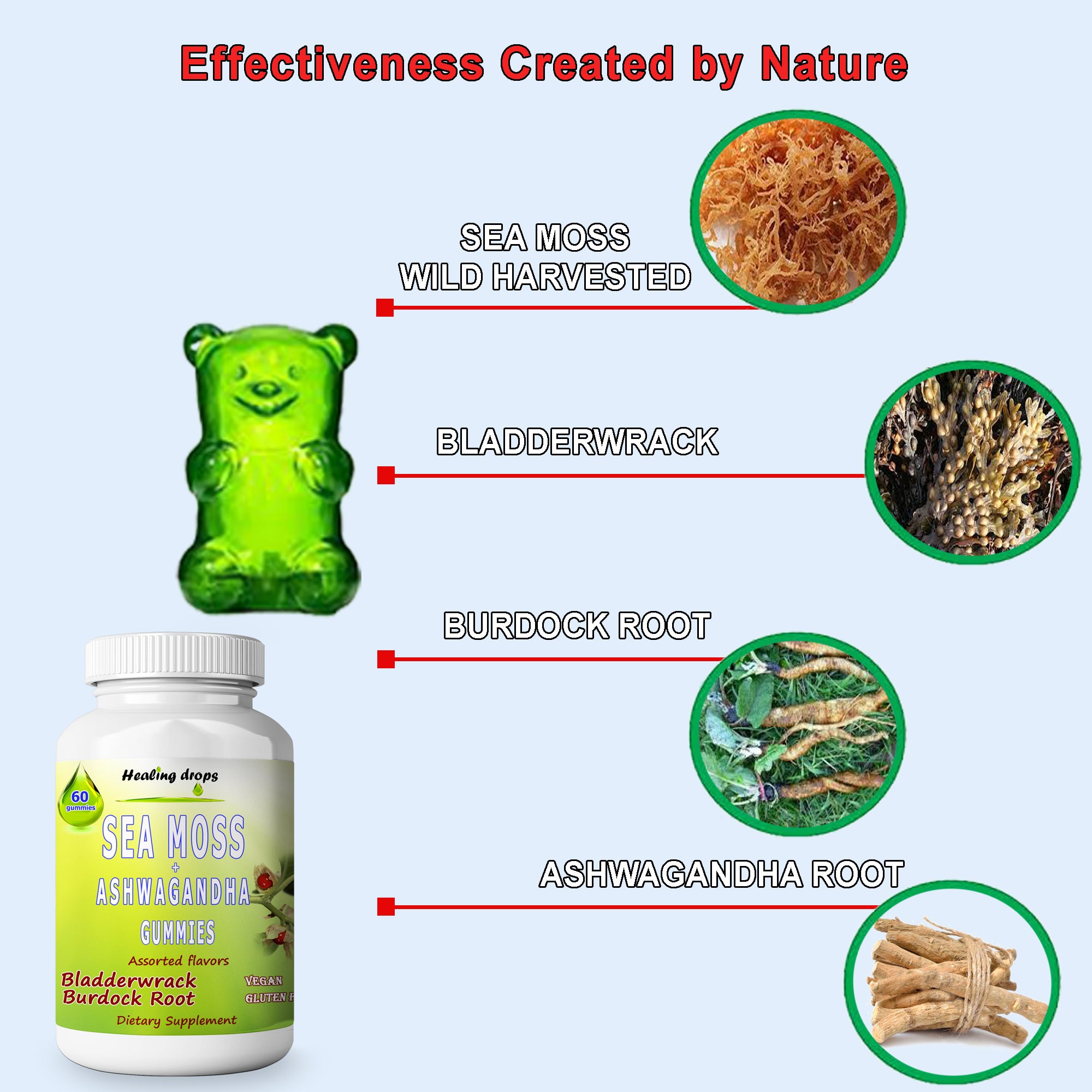 Sea Moss Ashwagandha Gummies Burdock Root Bladderwrack Healing Drops Healing Drops California 