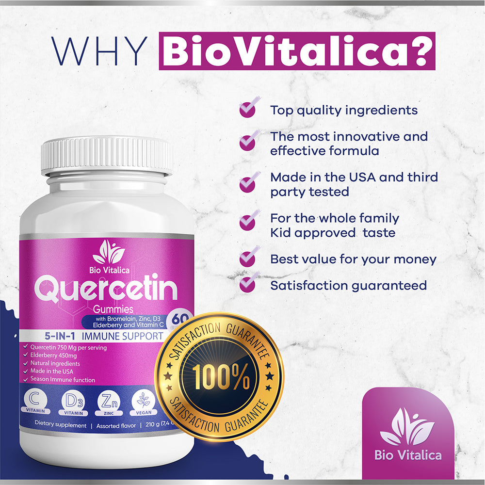 Quercetin Gummies by BioVitalica - Quercetin with Bromelain Vitamin C and Zinc & Elderberry + Vitamin D3 - 5 in 1 Immune Support - for Kids and Adults