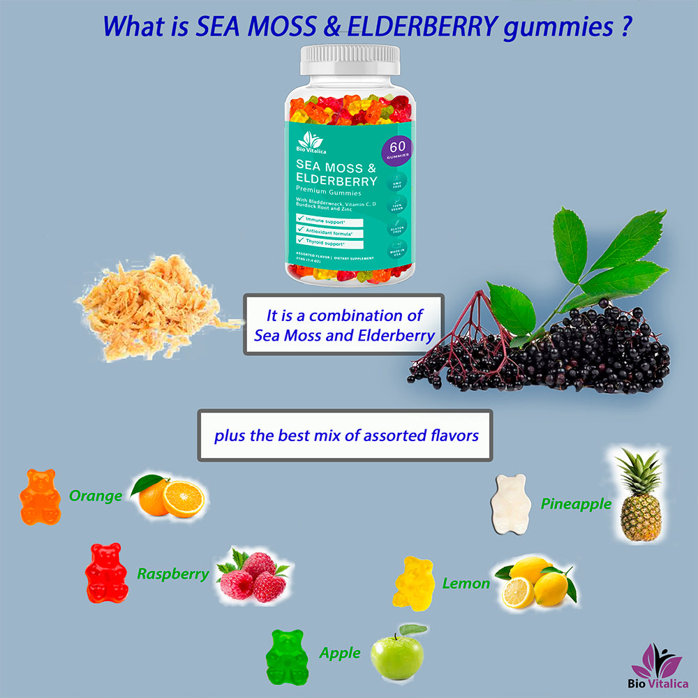 Sea Moss Gummies Elderberry Bio Vitalica - Vitamin C D + Zinc - Irish Seamoss Vegan Gummies