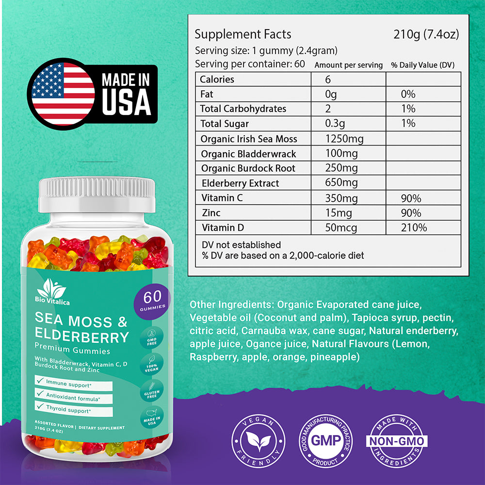 Sea Moss Gummies Elderberry Bio Vitalica - Vitamin C D + Zinc - Irish Seamoss Vegan Gummies