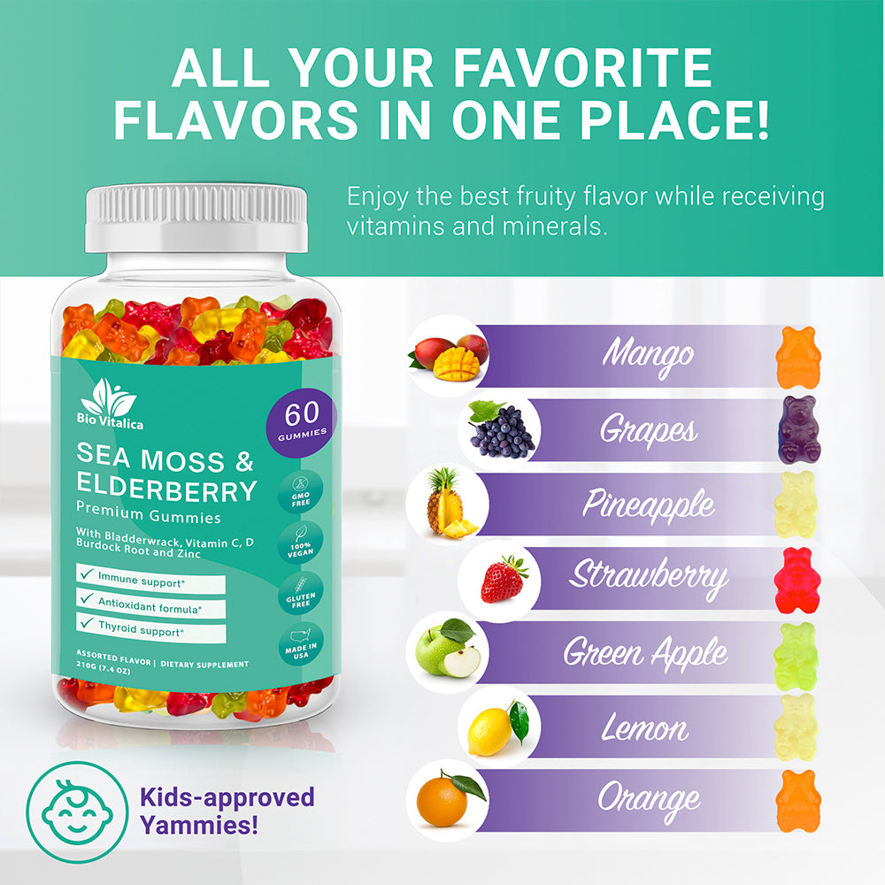 Sea Moss Gummies Elderberry Bio Vitalica - Vitamin C D + Zinc - Irish Seamoss Vegan Gummies